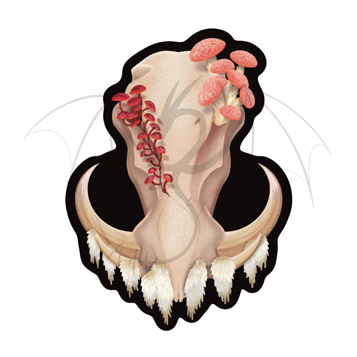A 3 inch tall magnet for the refrigerator featuring a front facing warthog skull with 3 different kinds of fungi growing out of it