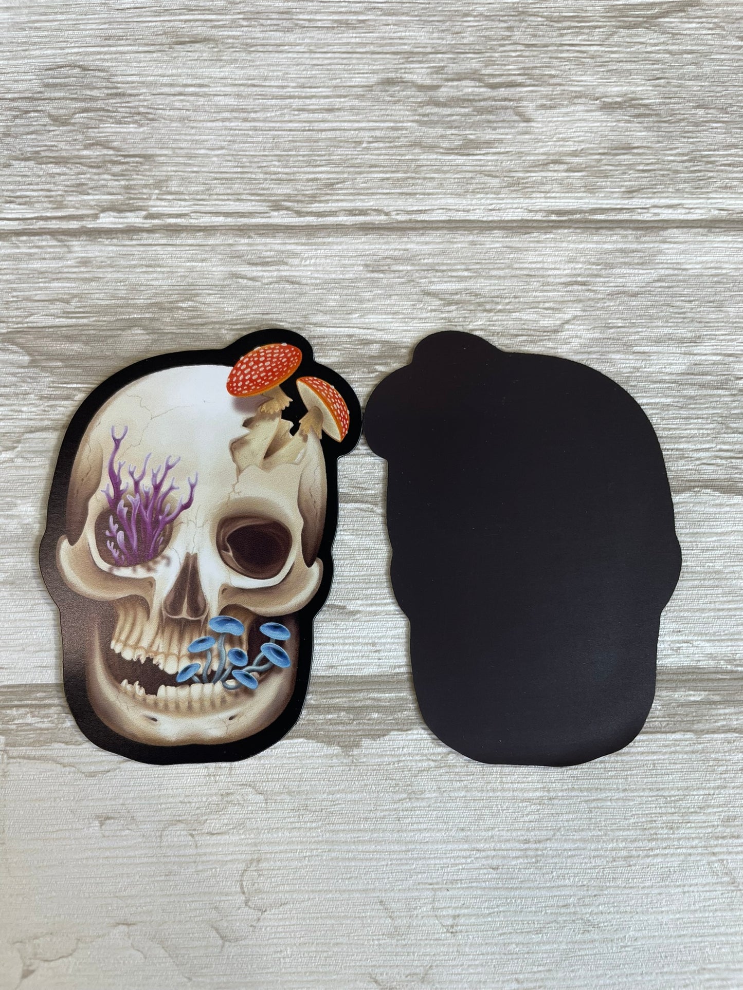 A flat laying magnet with another one flipped on it's back beside it that features a human skull with various fungi growing out of it