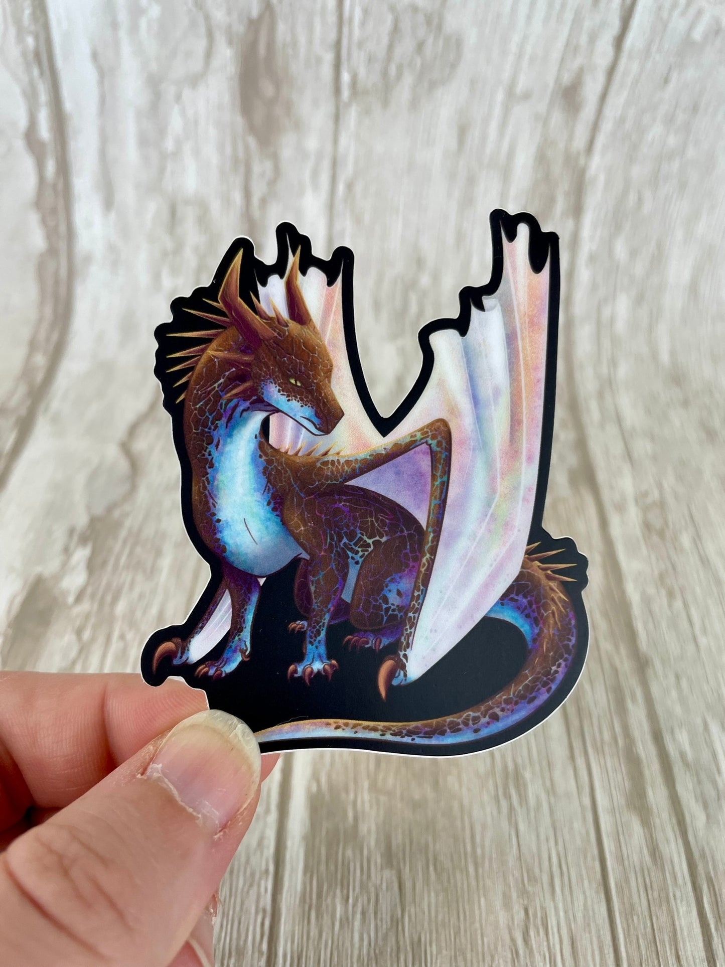 A die cut, vinyl sticker with a black background featuring a sitting, side profile of a dragon that has the features of a boulder opal with hues of blue, green, purple, and pink on the underbelly and cracks of the rough, brown hue, rock scales. The wings are tucked back and are of an iridescent shimmery hue.