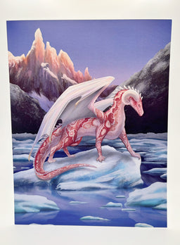 Art print of a pink and red dragon on ice with mountainous landscape in the background