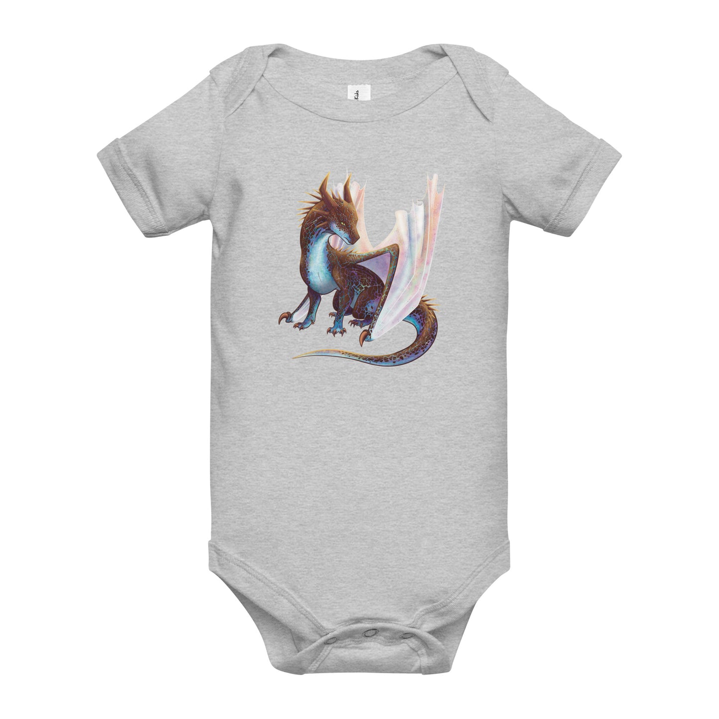 Unisex, light heather grey in color baby onesie featuring a sitting, side profile of a dragon that has the features of a boulder opal with hues of blue, green, purple, and pink on the underbelly and cracks of the rough, brown hue, rock scales. The wings are tucked back and are of an iridescent shimmery hue