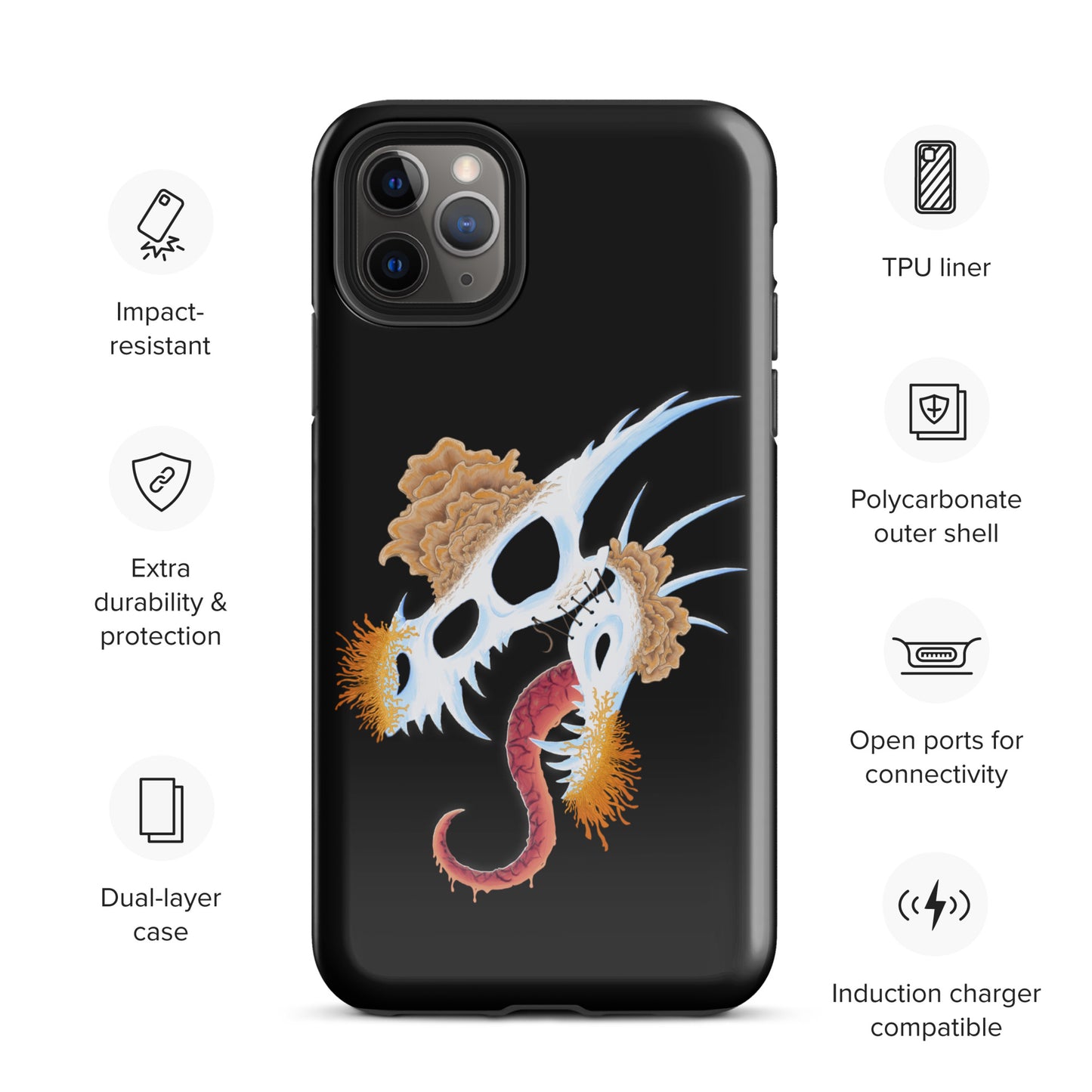 dragon skull with three different types of mushrooms growing from it on a tough case for iphone 11 pro with glossy finish