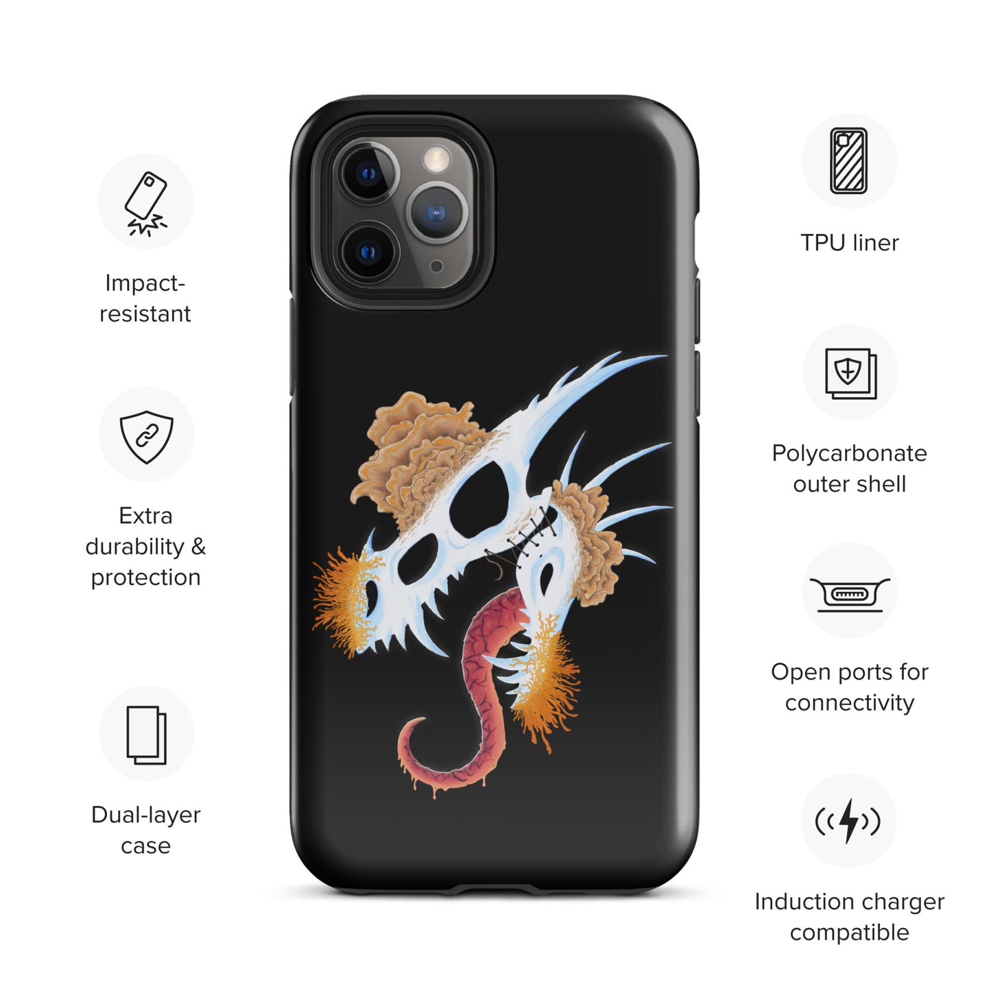 dragon skull with three different types of mushrooms growing from it on a tough case for iphone 11 pro with glossy finish