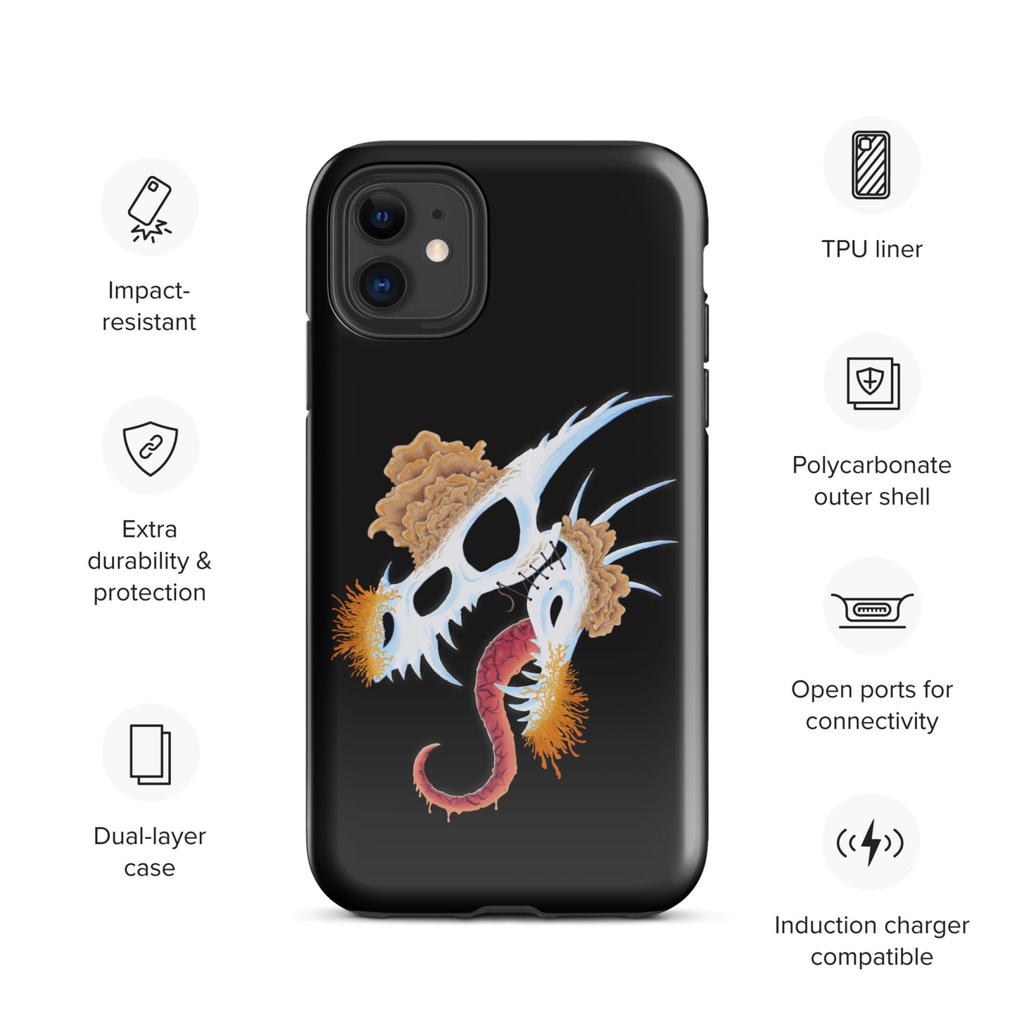 dragon skull with three different types of mushrooms growing from it on a tough case for iphone 11 with glossy finish