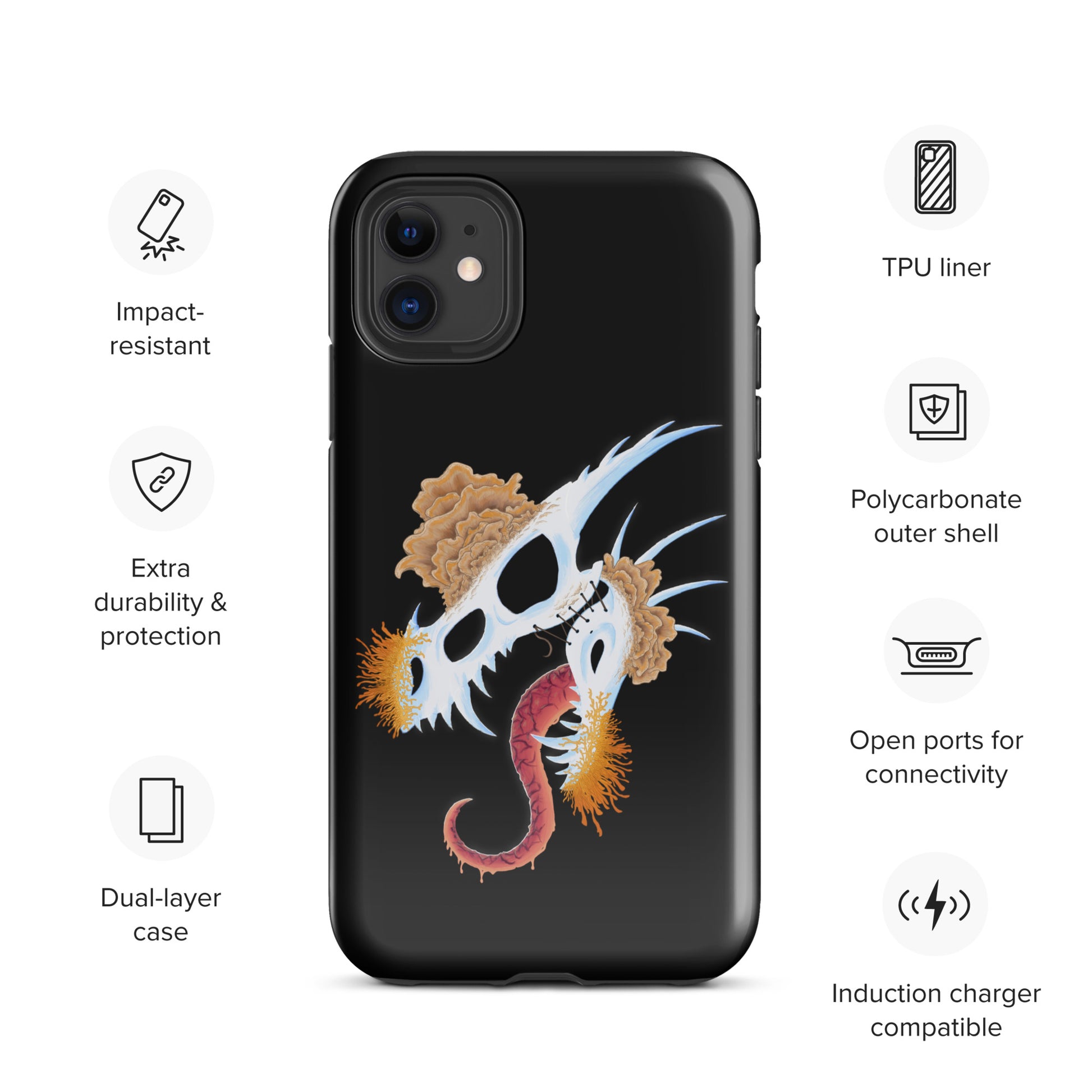 dragon skull with three different types of mushrooms growing from it on a tough case for iphone 11 with glossy finish