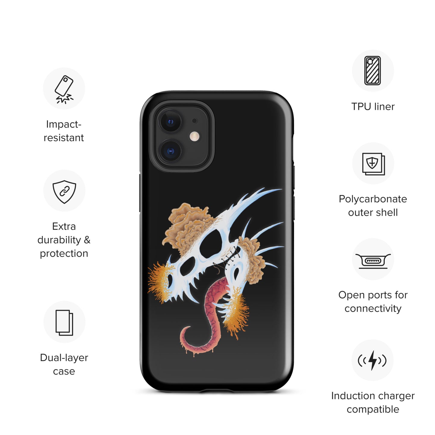 dragon skull with three different types of mushrooms growing from it on a tough case for iphone 12 mini with glossy finish