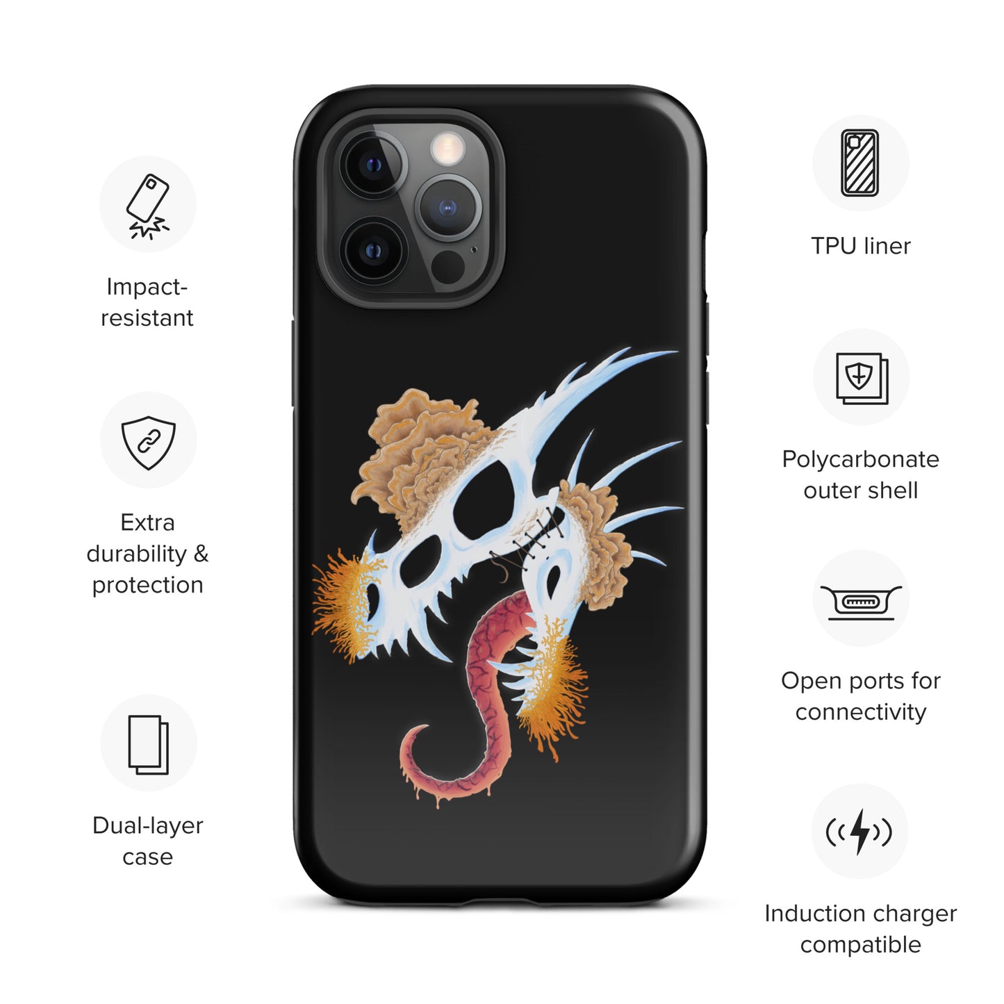 dragon skull with three different types of mushrooms growing from it on a tough case for iphone 12 pro max with glossy finish