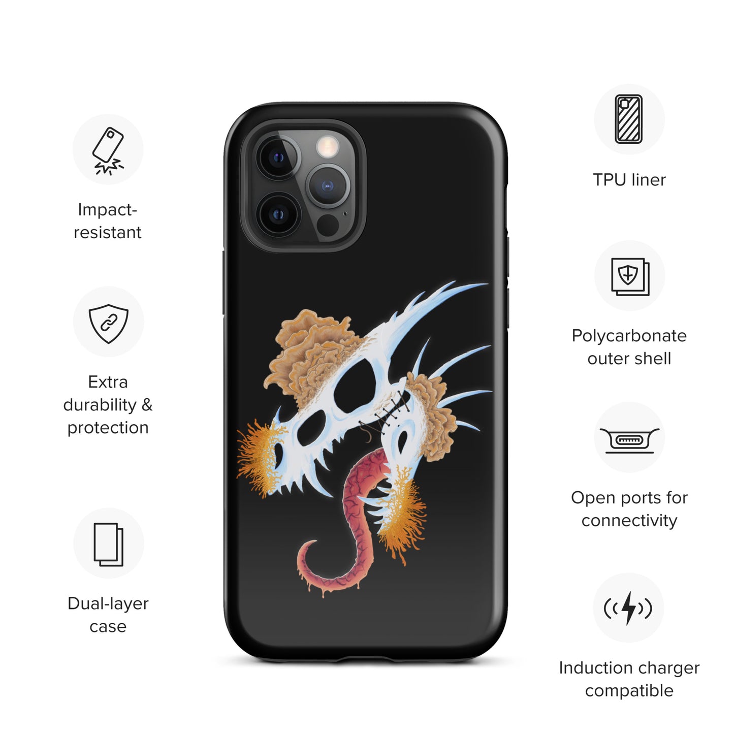 dragon skull with three different types of mushrooms growing from it on a tough case for iphone 12 pro with glossy finish