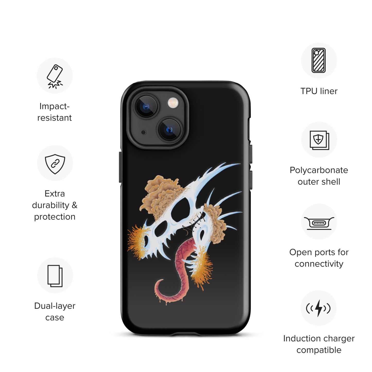 dragon skull with three different types of mushrooms growing from it on a tough case for iphone 13 mini with glossy finish
