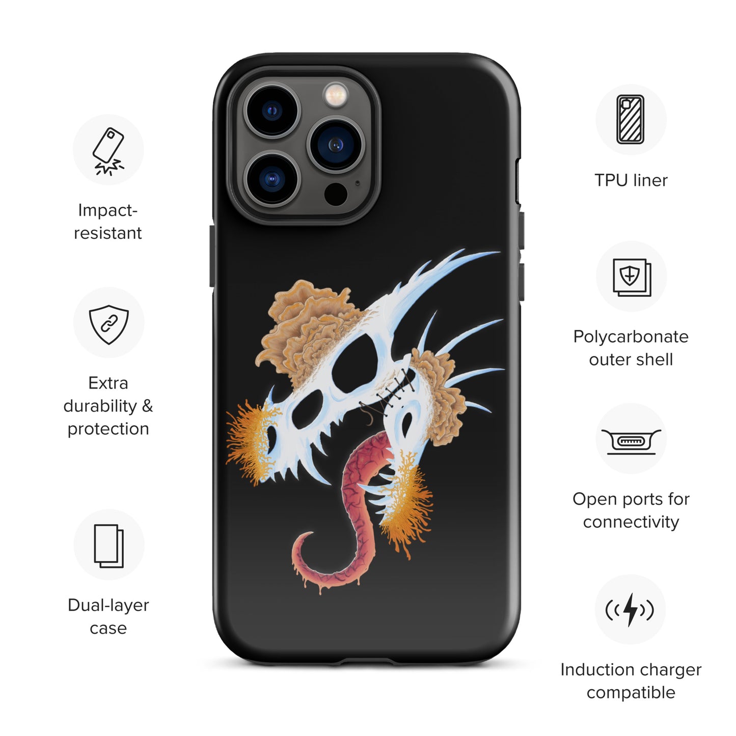 dragon skull with three different types of mushrooms growing from it on a tough case for iphone 13 pro max with glossy finish