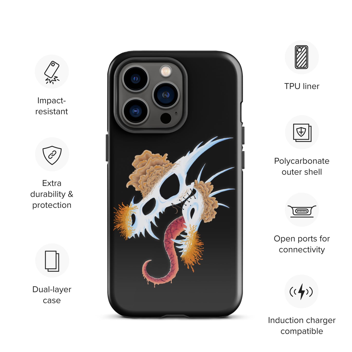dragon skull with three different types of mushrooms growing from it on a tough case for iphone 13 pro with glossy finish