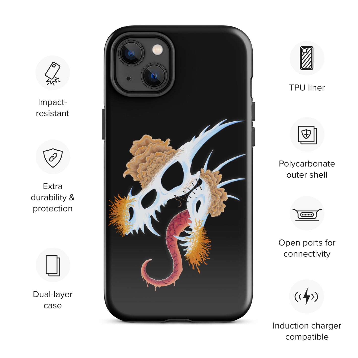dragon skull with three different types of mushrooms growing from it on a tough case for iphone 14 plus with glossy finish