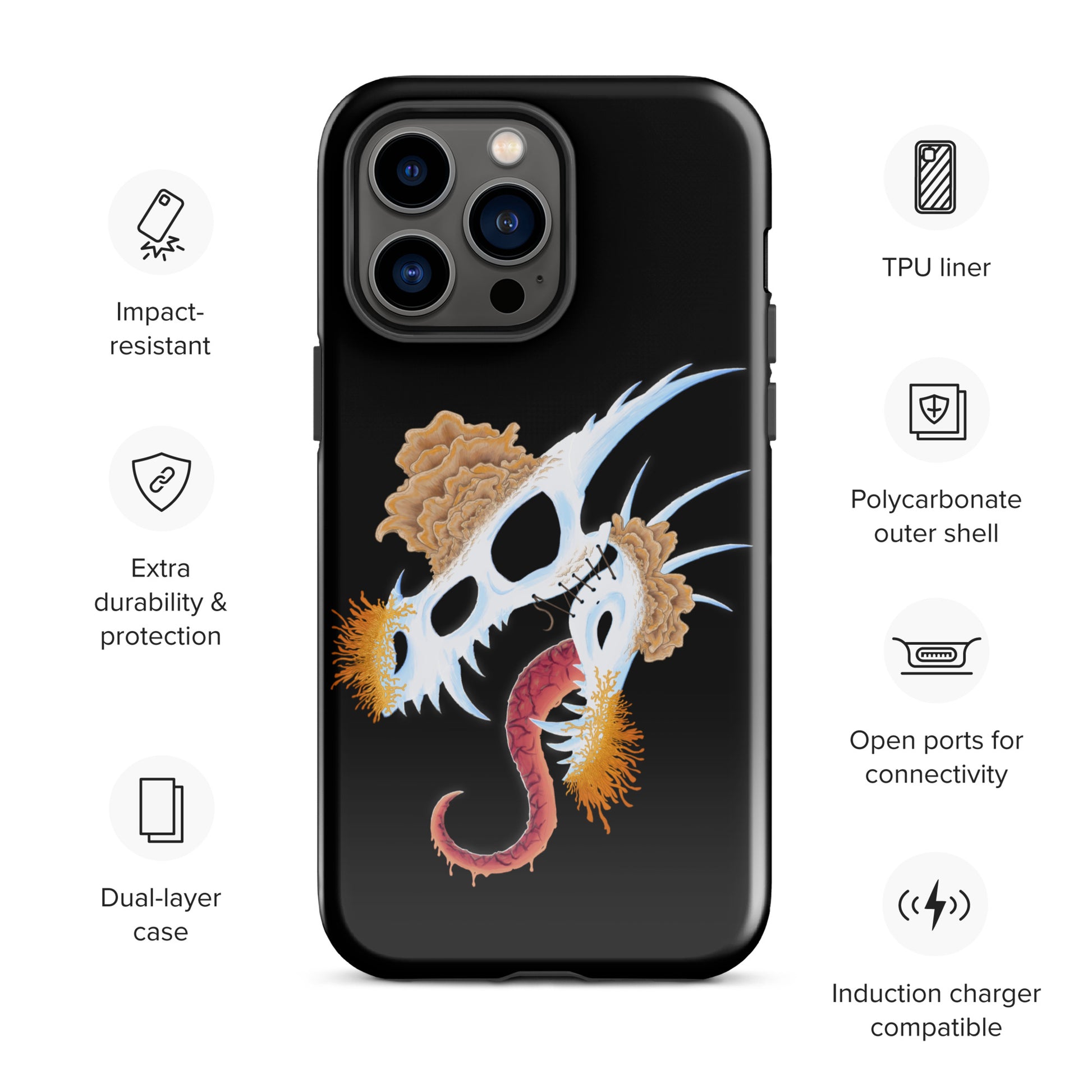 dragon skull with three different types of mushrooms growing from it on a tough case for iphone 14 pro max with glossy finish