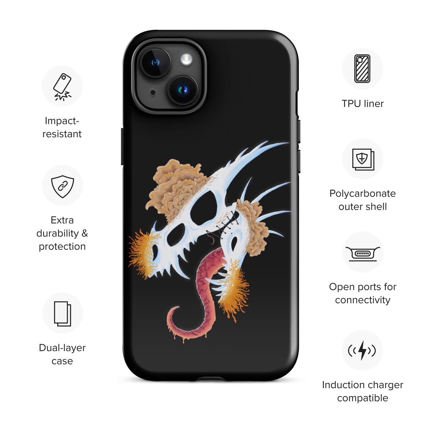 dragon skull with three different types of mushrooms growing from it on a tough case for iphone 15 plus with glossy finish