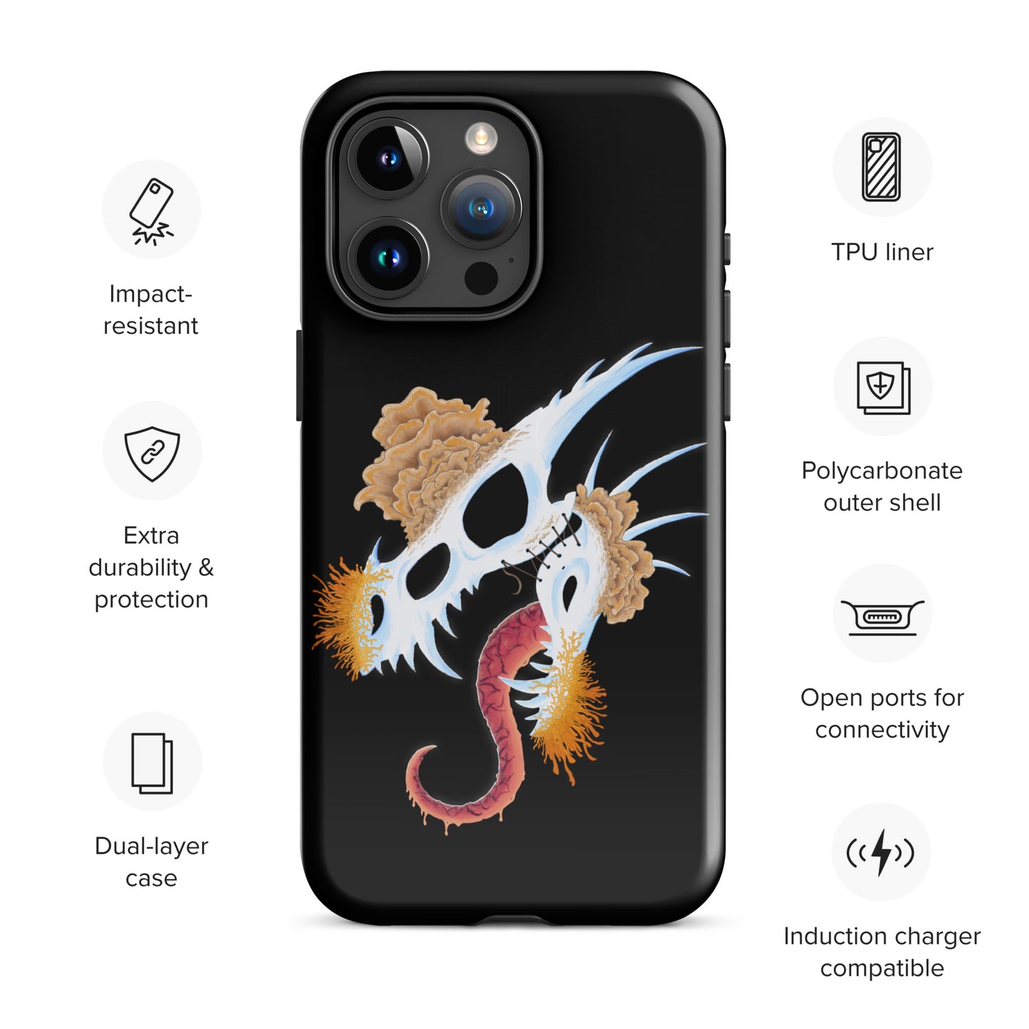 dragon skull with three different types of mushrooms growing from it on a tough case for iphone 15 pro-max with glossy finish