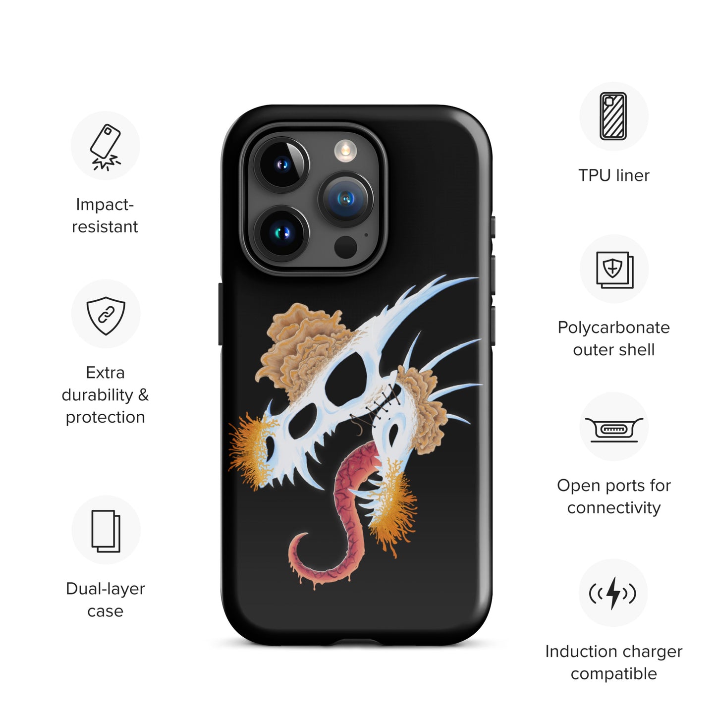 dragon skull with three different types of mushrooms growing from it on a tough case for iphone 15 pro with glossy finish