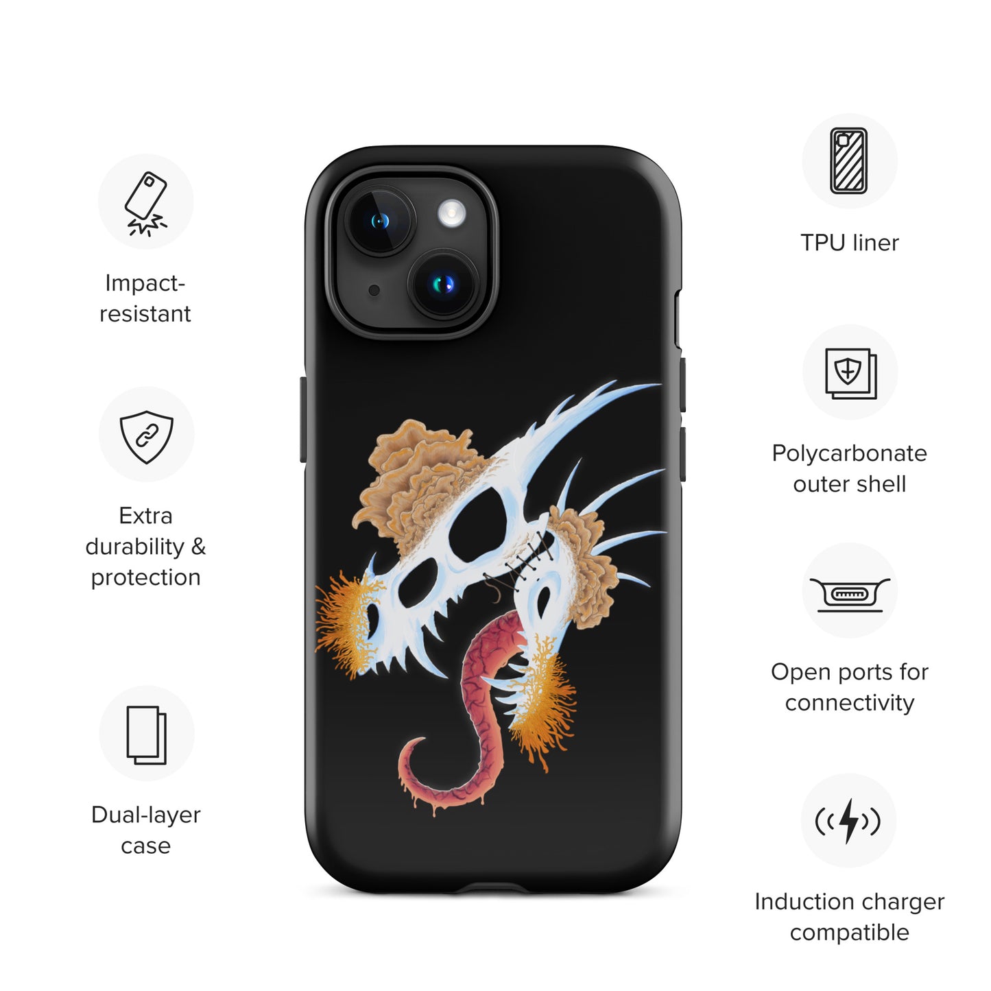 dragon skull with three different types of mushrooms growing from it on a tough case for iphone 15 with glossy finish