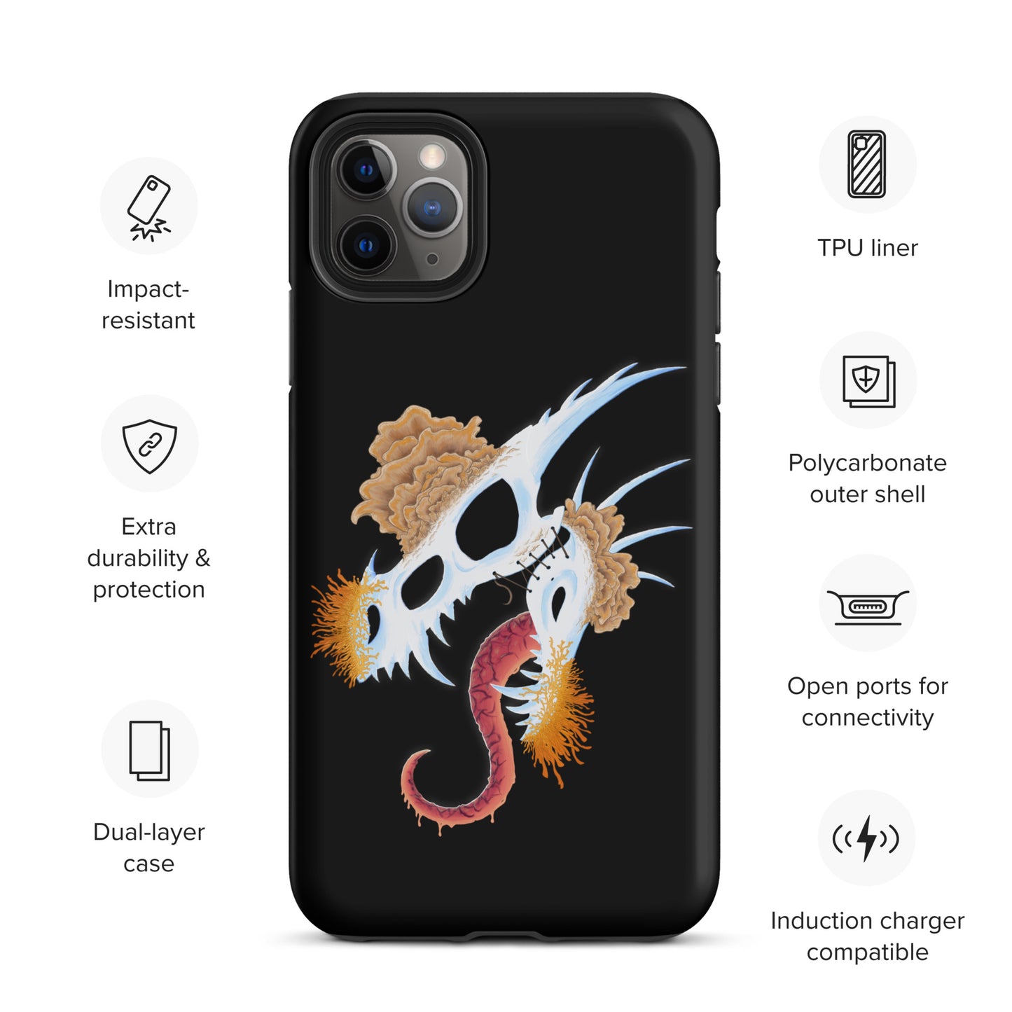 dragon skull with three different types of mushrooms growing from it on a tough case for iphone 11 pro with matte finish