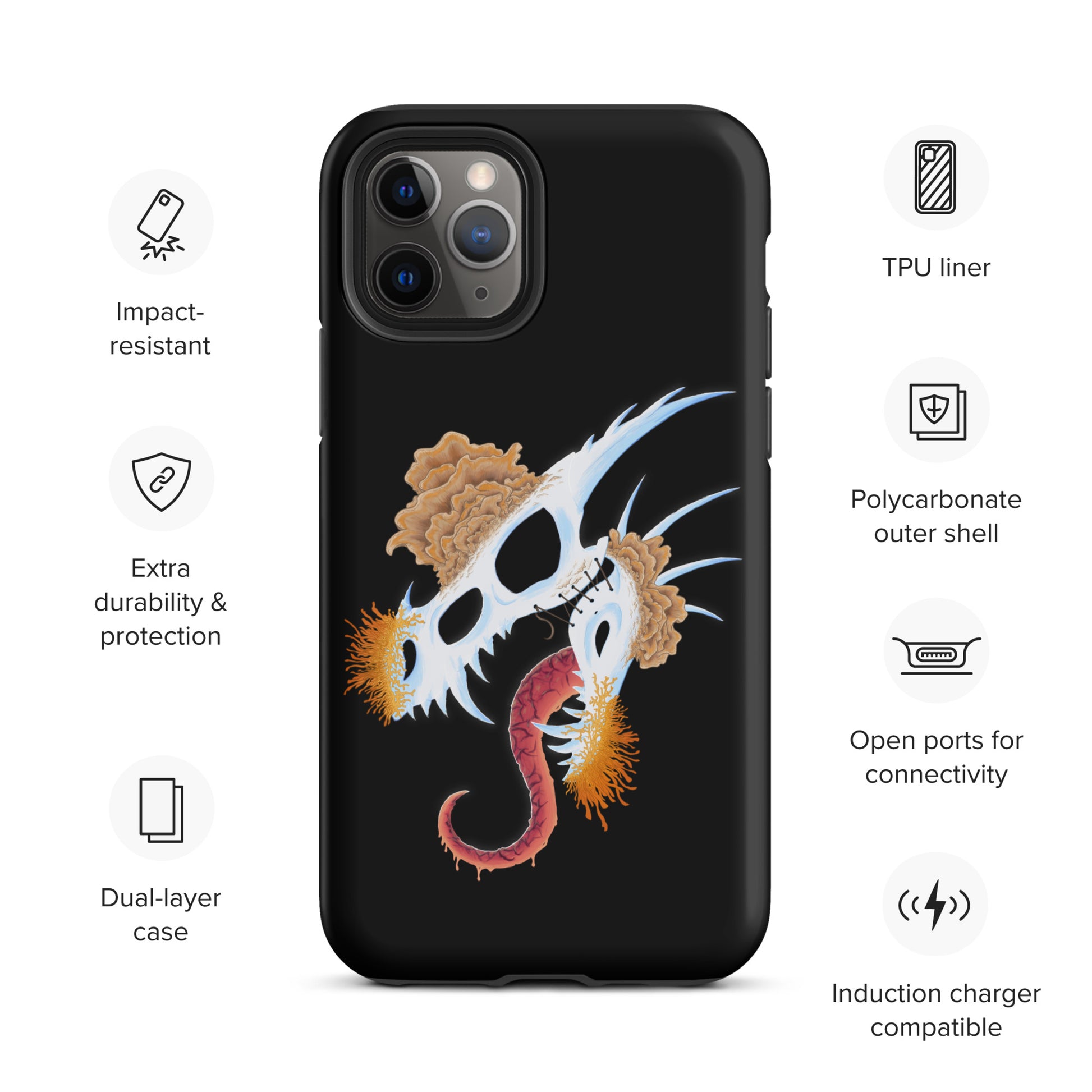 dragon skull with three different types of mushrooms growing from it on a tough case for iphone 11 pro with matte finish