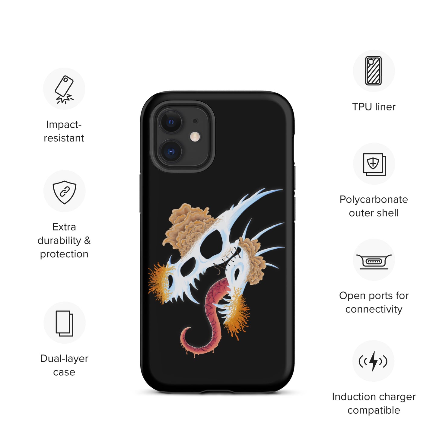 dragon skull with three different types of mushrooms growing from it on a tough case for iphone 12 mini with matte finish