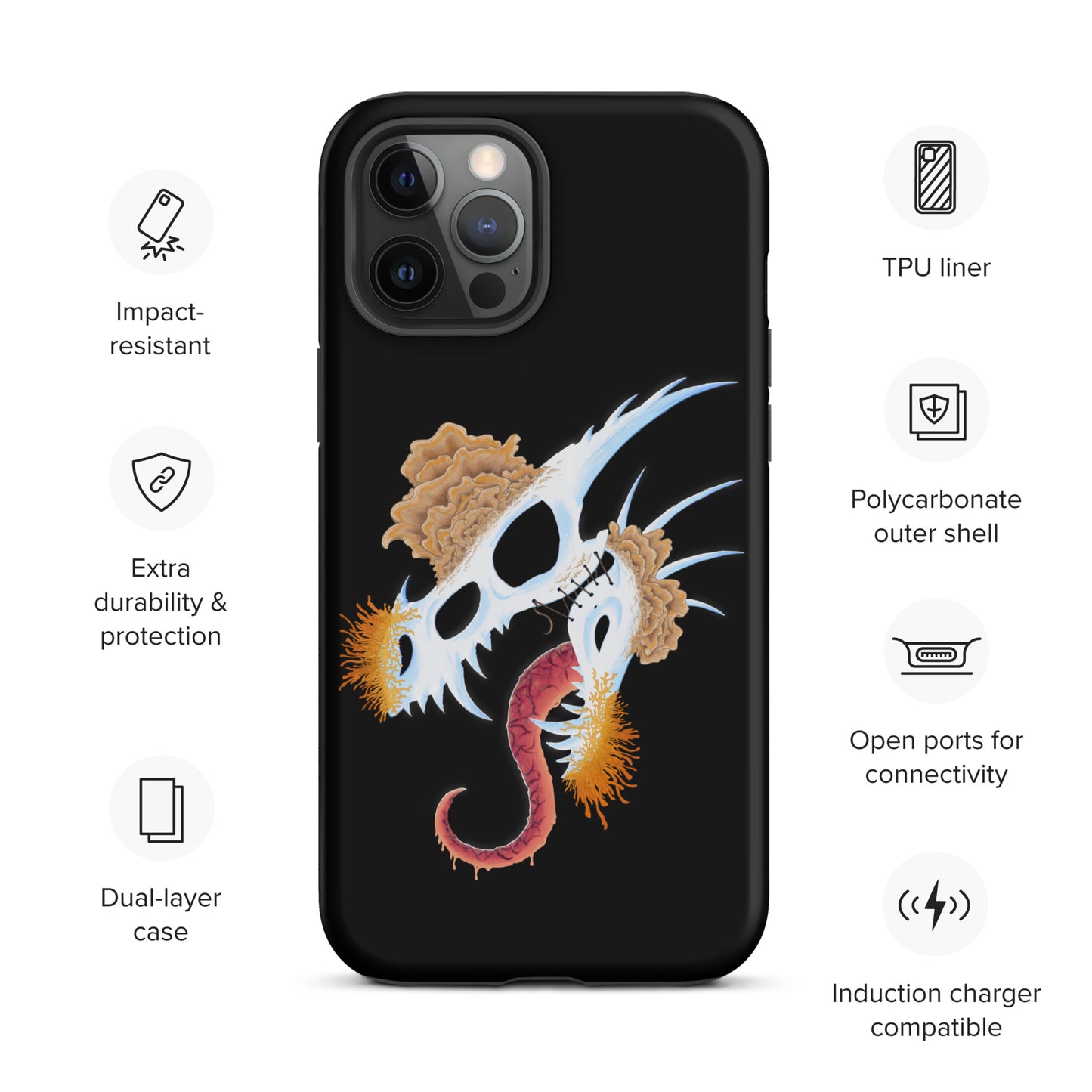 dragon skull with three different types of mushrooms growing from it on a tough case for iphone 12 pro max with matte finish