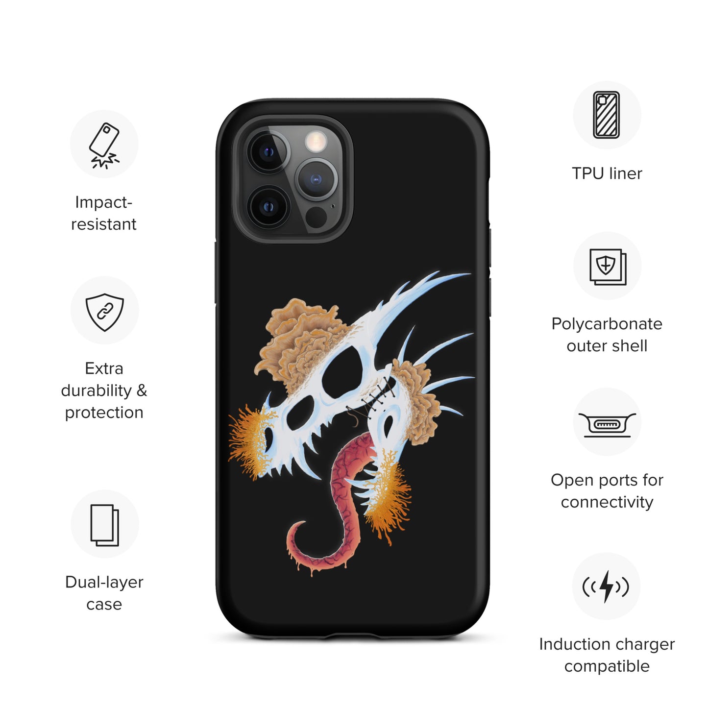 dragon skull with three different types of mushrooms growing from it on a tough case for iphone 12 pro with matte finish
