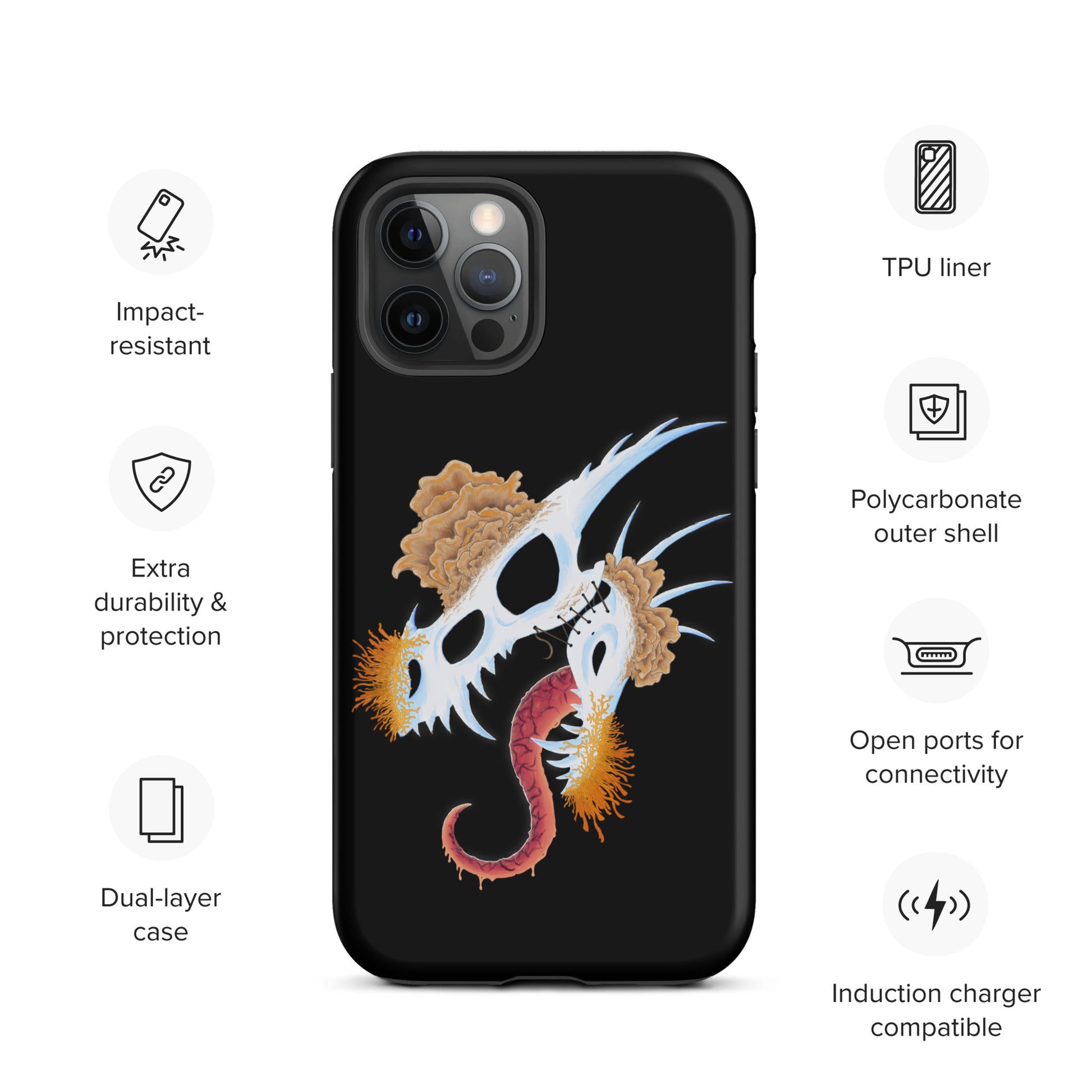 dragon skull with three different types of mushrooms growing from it on a tough case for iphone 12 pro with matte finish