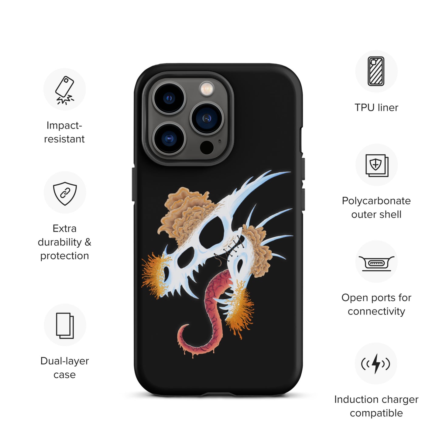 dragon skull with three different types of mushrooms growing from it on a tough case for iphone 13 pro with matte finish