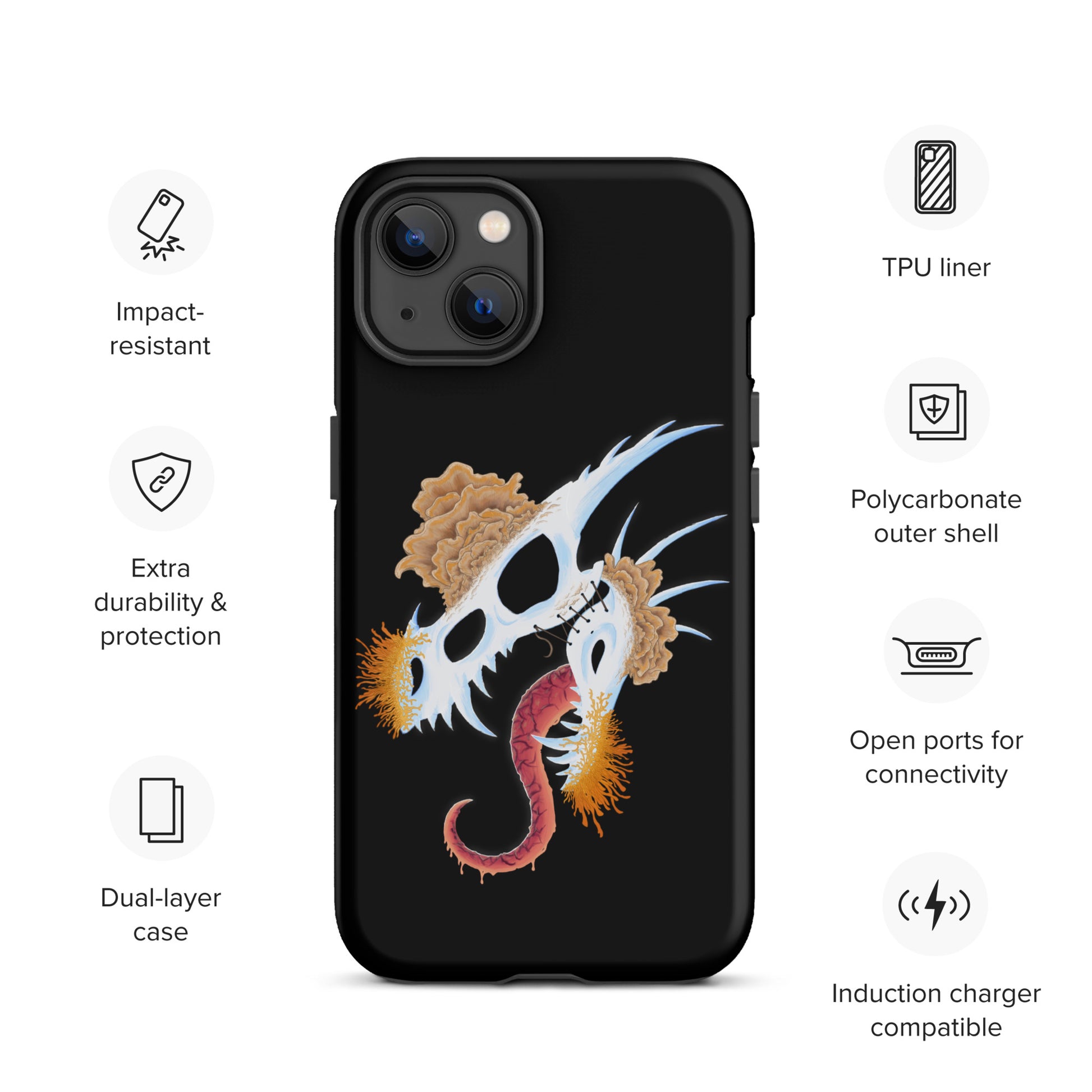 dragon skull with three different types of mushrooms growing from it on a tough case for iphone 13 with matte finish