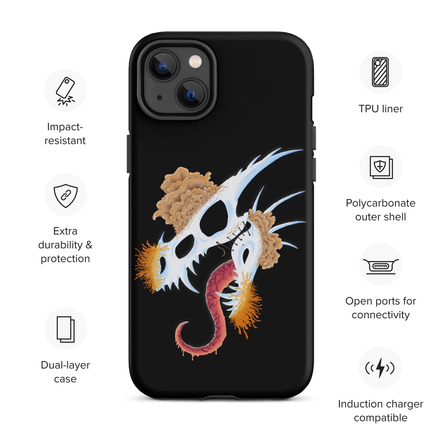 dragon skull with three different types of mushrooms growing from it on a tough case for iphone 14 plus with matte finish