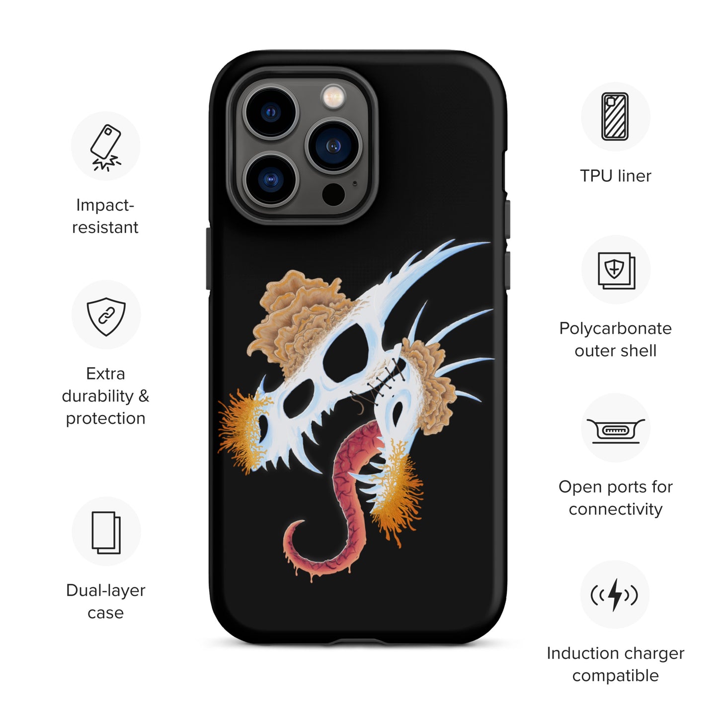 dragon skull with three different types of mushrooms growing from it on a tough case for iphone 14 pro max with matte finish