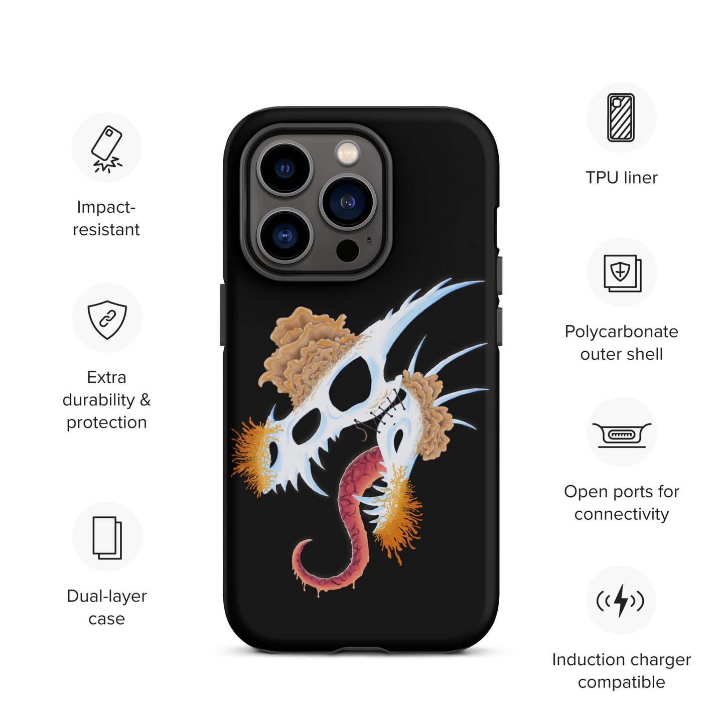 dragon skull with three different types of mushrooms growing from it on a tough case for iphone 14 pro with matte finish