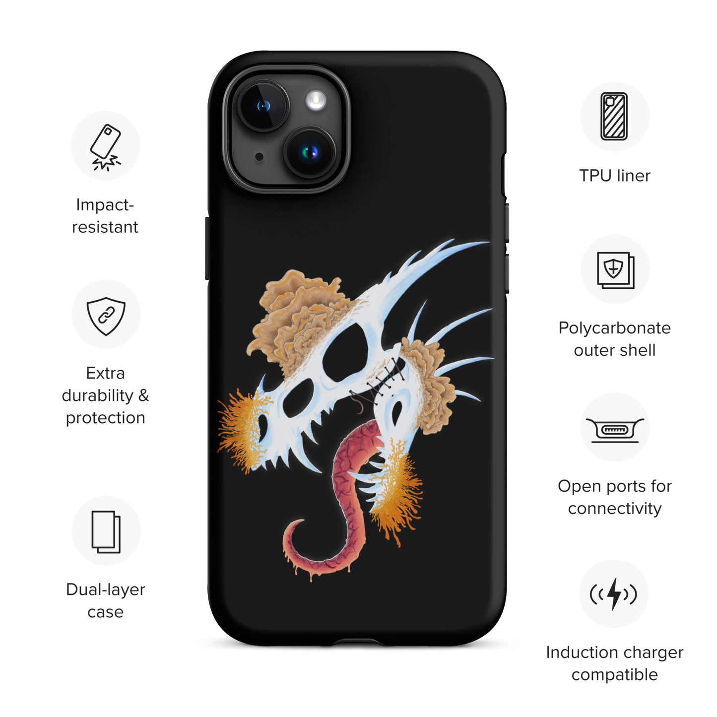 dragon skull with three different types of mushrooms growing from it on a tough case for iphone 15 plus with matte finish