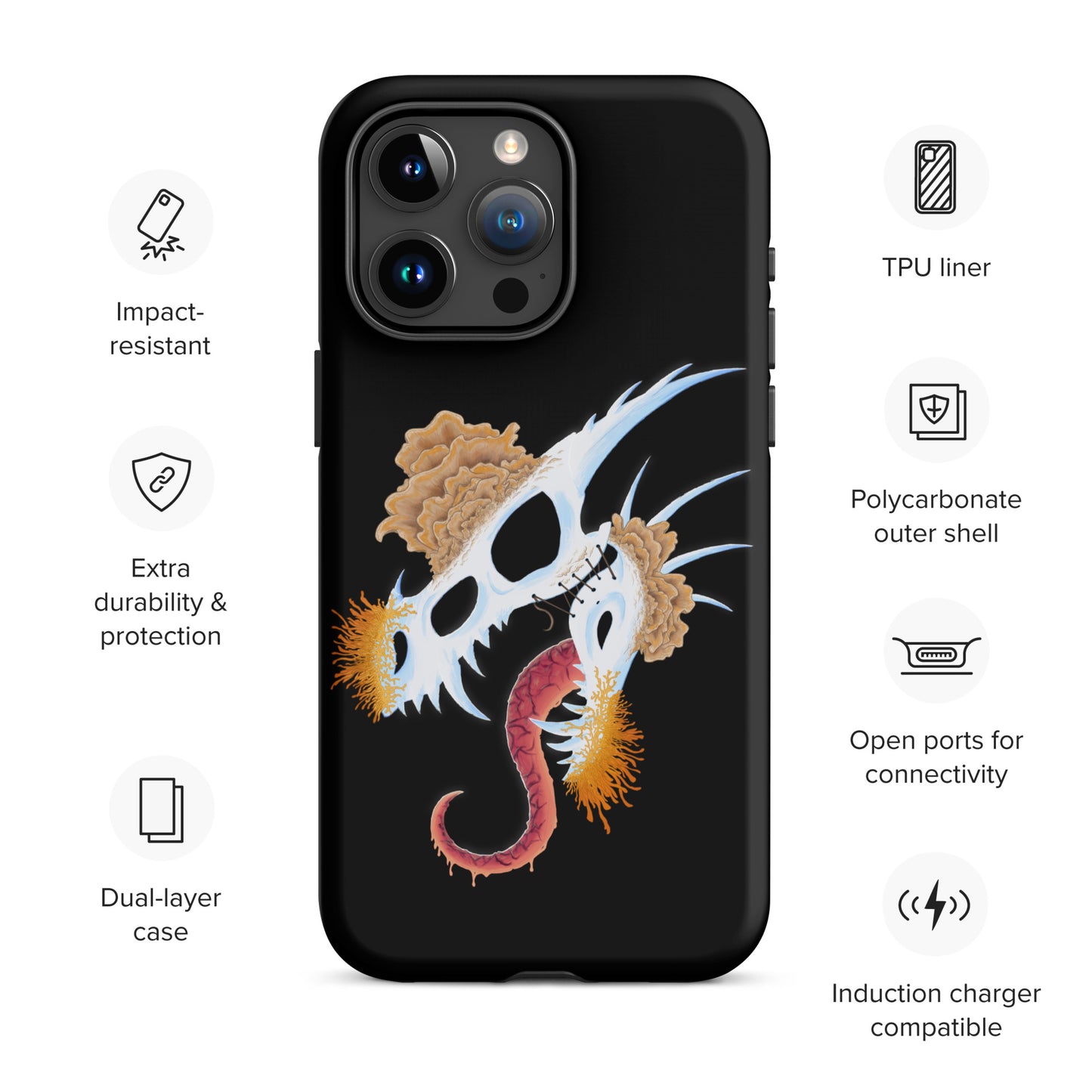 dragon skull with three different types of mushrooms growing from it on a tough case for iphone 15 pro max with matte finish