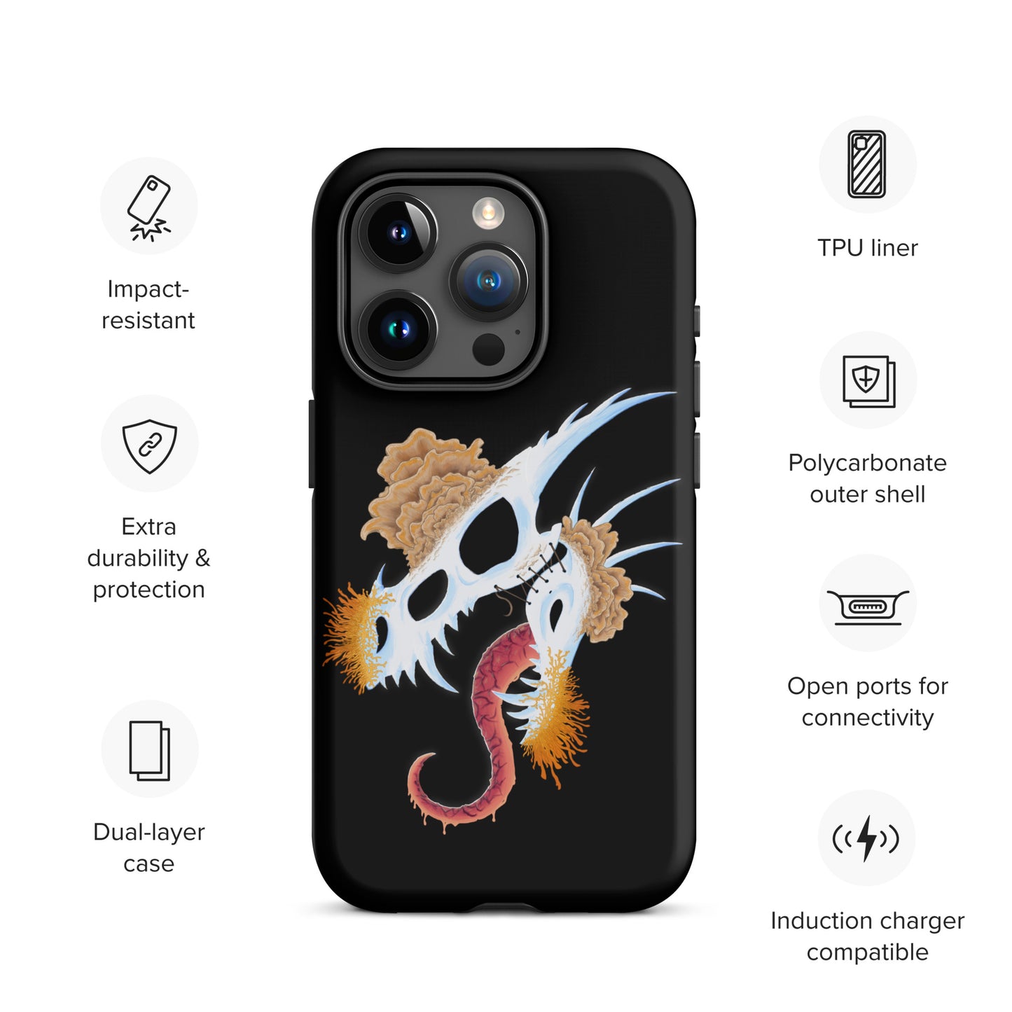 dragon skull with three different types of mushrooms growing from it on a tough case for iphone 15 pro with matte finish