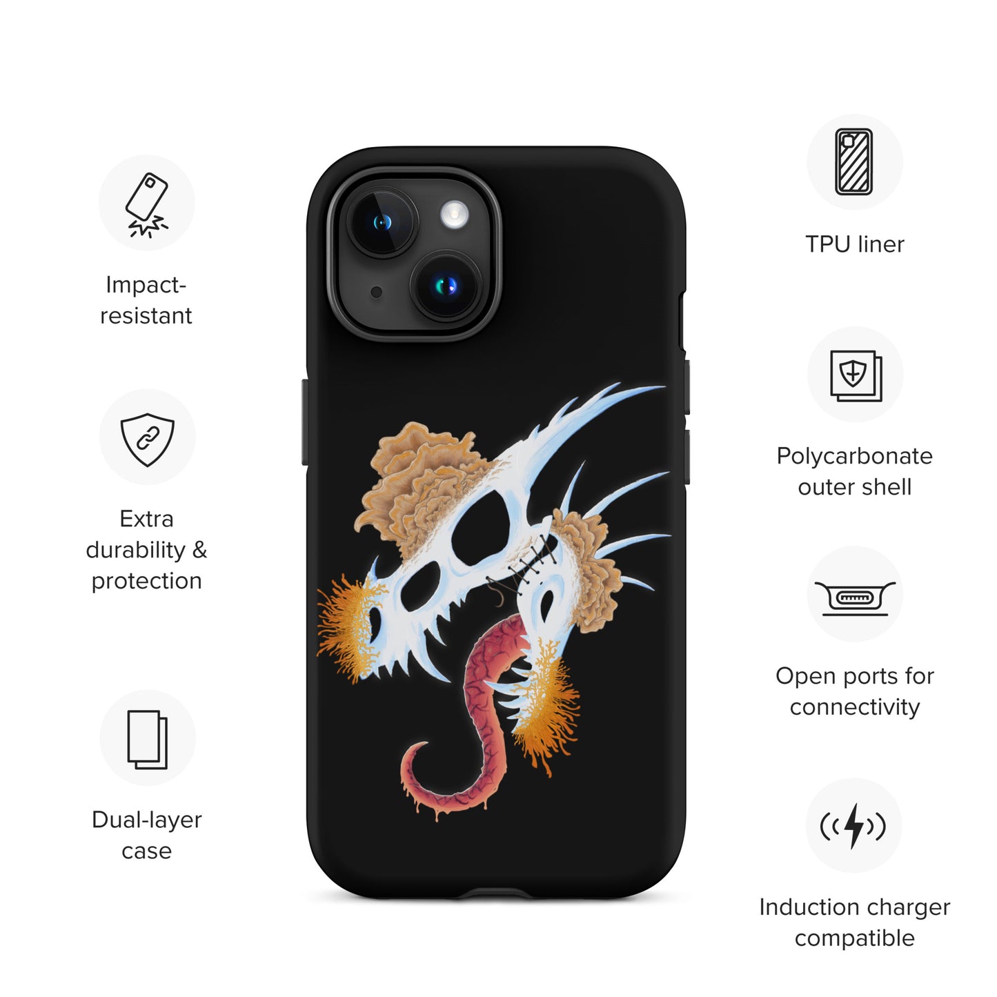 dragon skull with three different types of mushrooms growing from it on a tough case for iphone 15 with matte finish