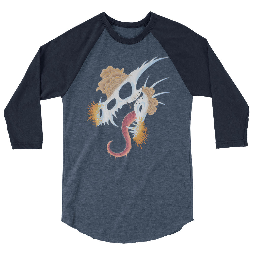 dragon skull with three different types of mushrooms growing from it on a grey raglan shirt with black sleeves