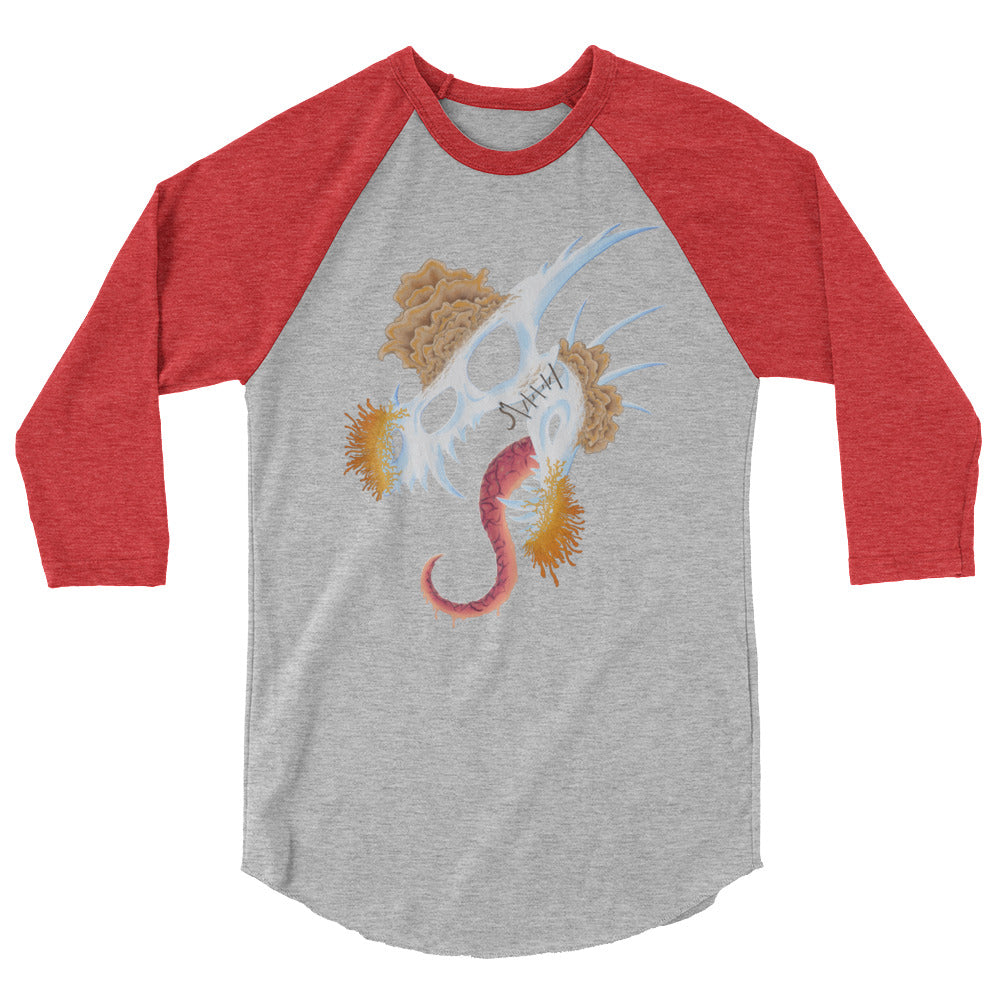 dragon skull with three different types of mushrooms growing from it on a heather grey raglan shirt with red sleeves