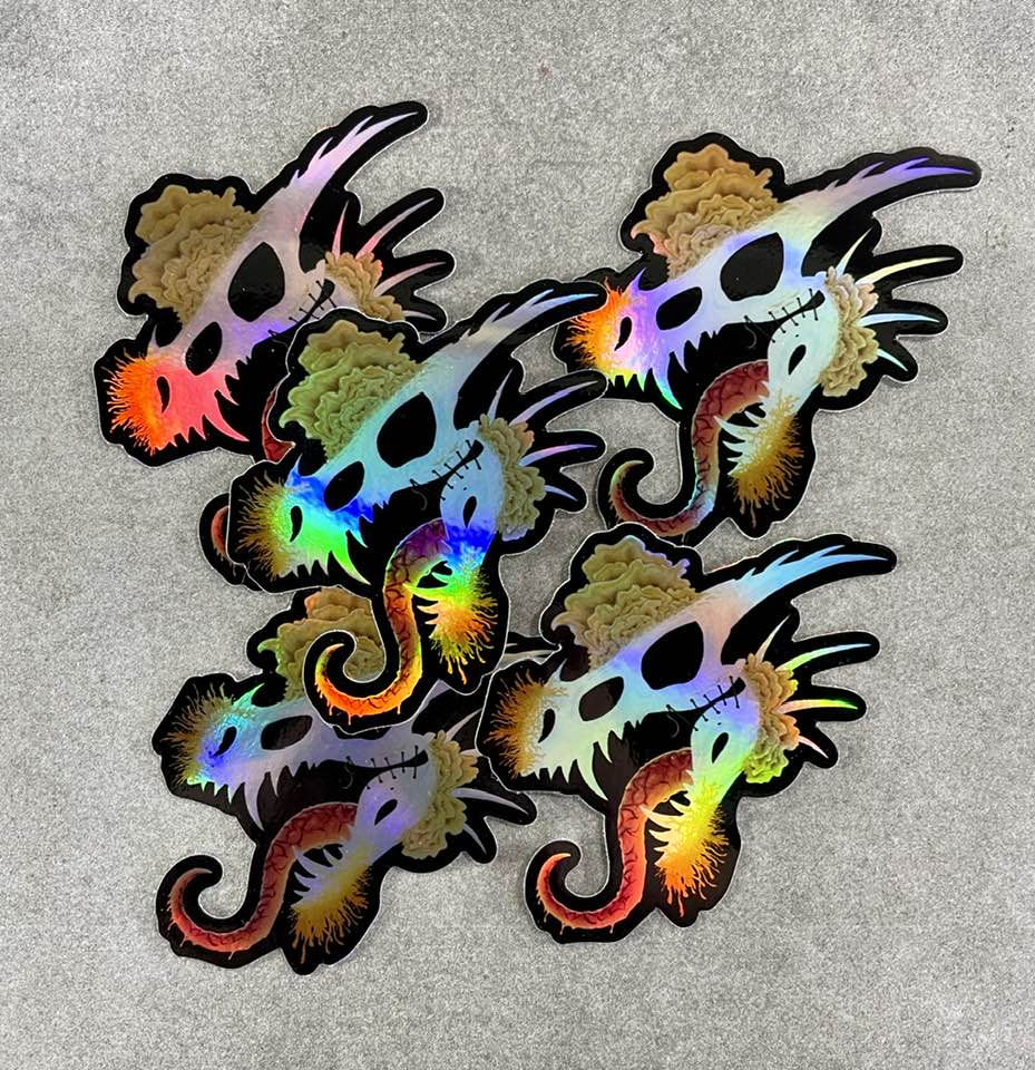 dragon skull with three different types of mushrooms growing from it on a holographic sticker multiple