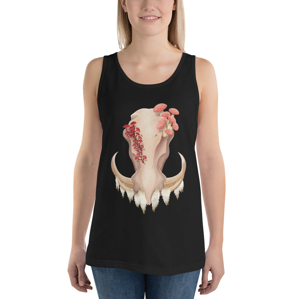 An adult wearing a black colored, unisex tank top featuring a front facing warthog skull with 3 different kinds of fungi growing out of it