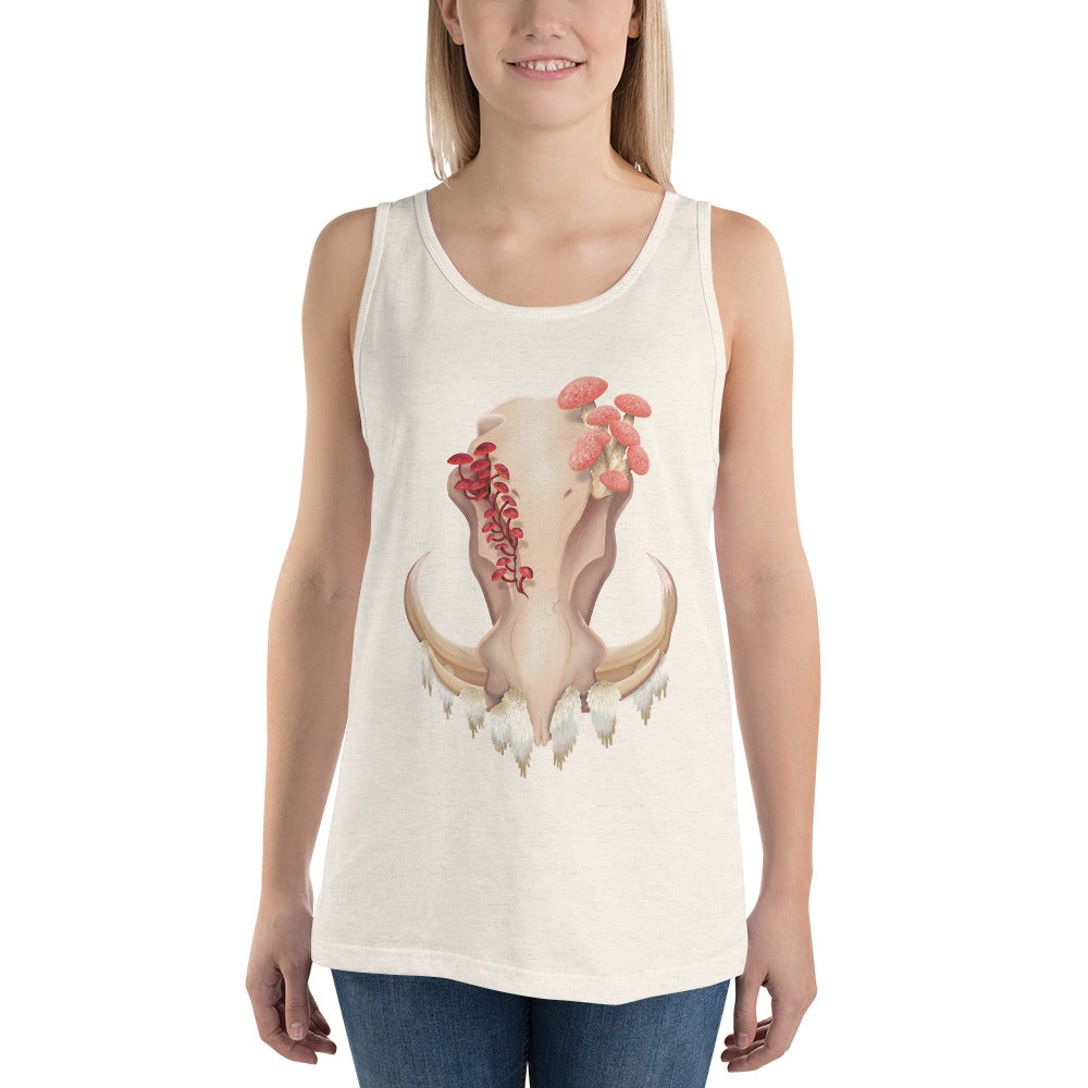 An adult wearing a oatmeal colored, unisex tank top featuring a front facing warthog skull with 3 different kinds of fungi growing out of it