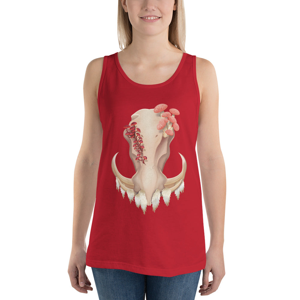 An adult wearing a red colored, unisex tank top featuring a front facing warthog skull with 3 different kinds of fungi growing out of it
