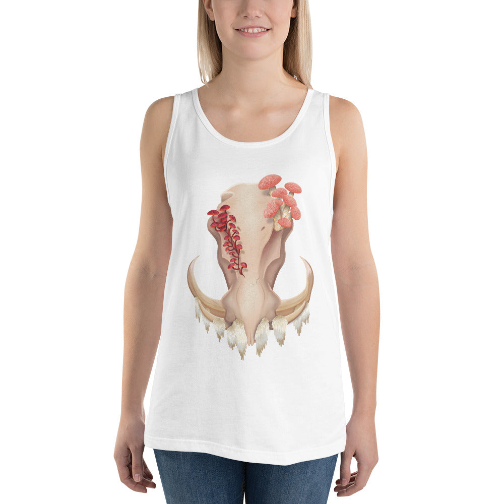 An adult wearing a white colored, unisex tank top featuring a front facing warthog skull with 3 different kinds of fungi growing out of it