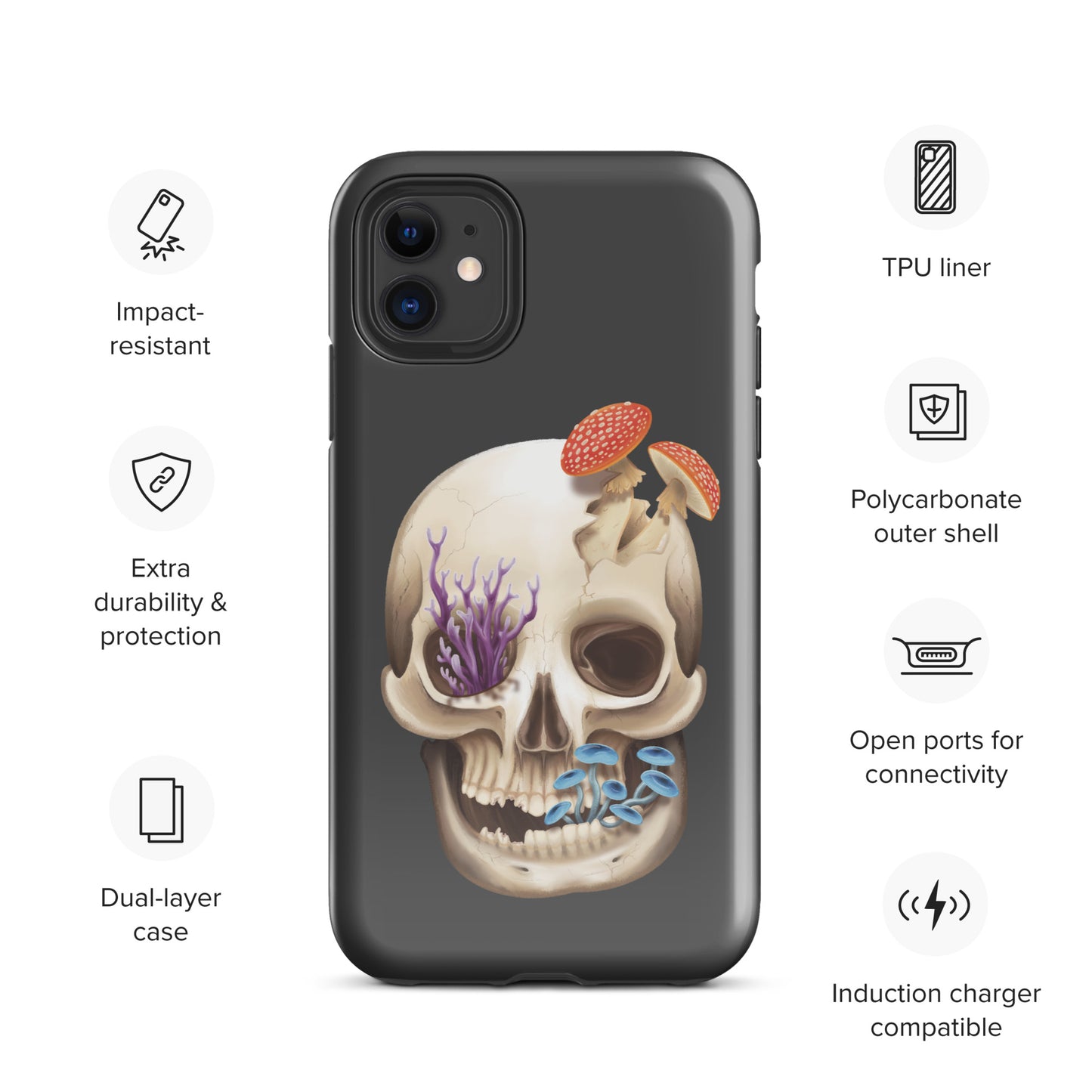 A dark grey tough phone case for an Apple iPhone 11 with a glossy finish featuring a human skull with various fungi growing out of it