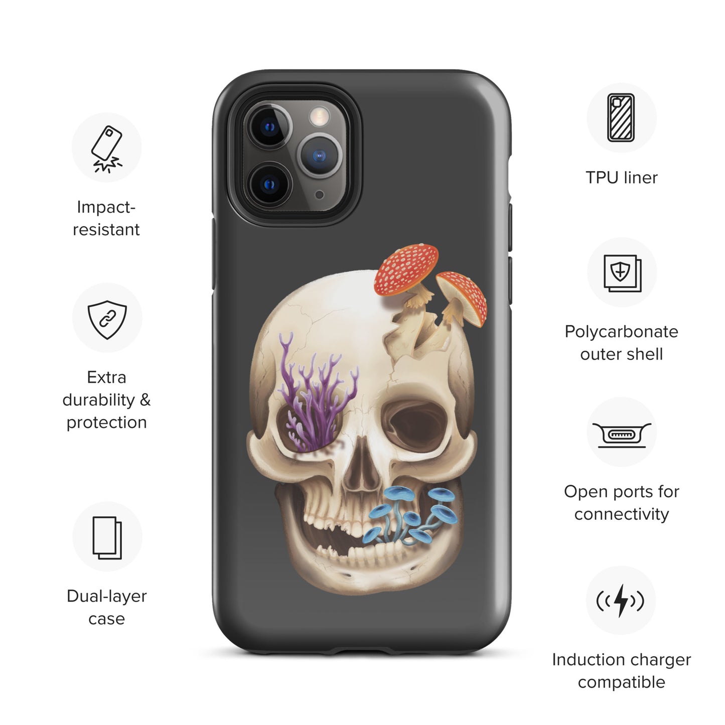 A dark grey tough phone case for an Apple iPhone 11 pro with a glossy finish featuring a human skull with various fungi growing out of it