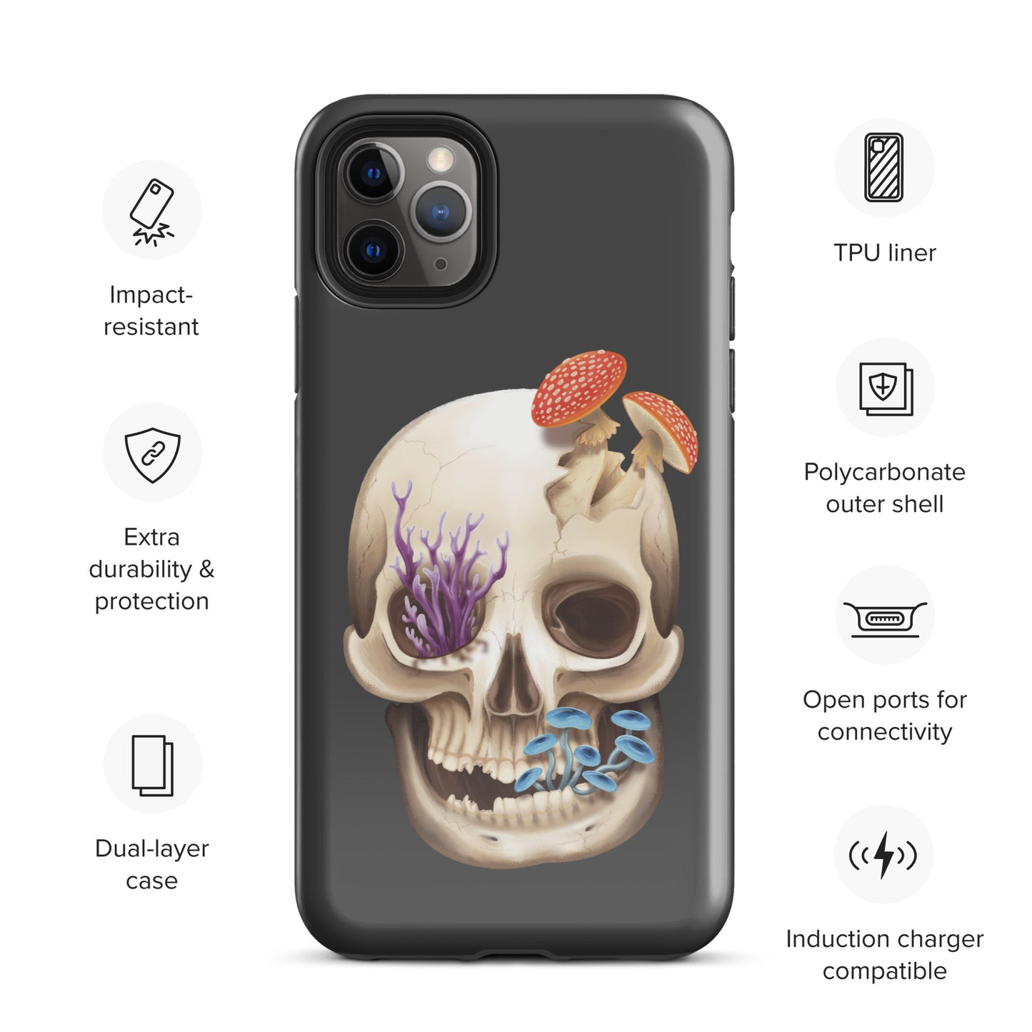 A dark grey tough phone case for an Apple iPhone 11 pro max with a glossy finish featuring a human skull with various fungi growing out of it