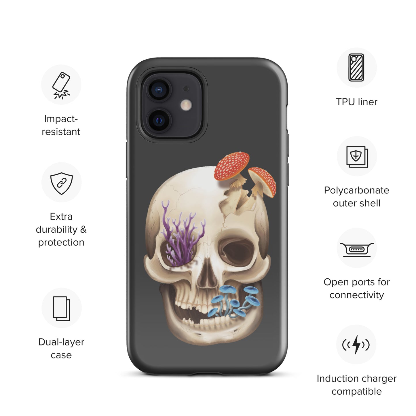 A dark grey tough phone case for an Apple iPhone 12 with a glossy finish featuring a human skull with various fungi growing out of it