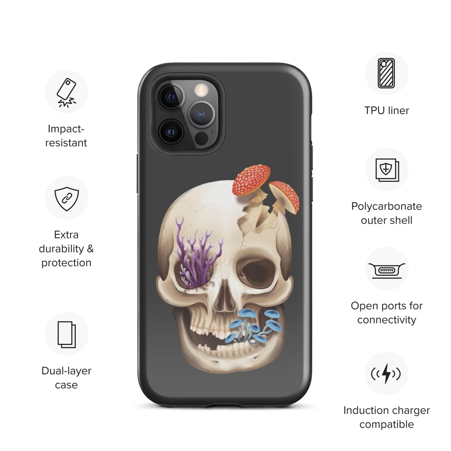 A dark grey tough phone case for an Apple iPhone 12 pro with a glossy finish featuring a human skull with various fungi growing out of it
