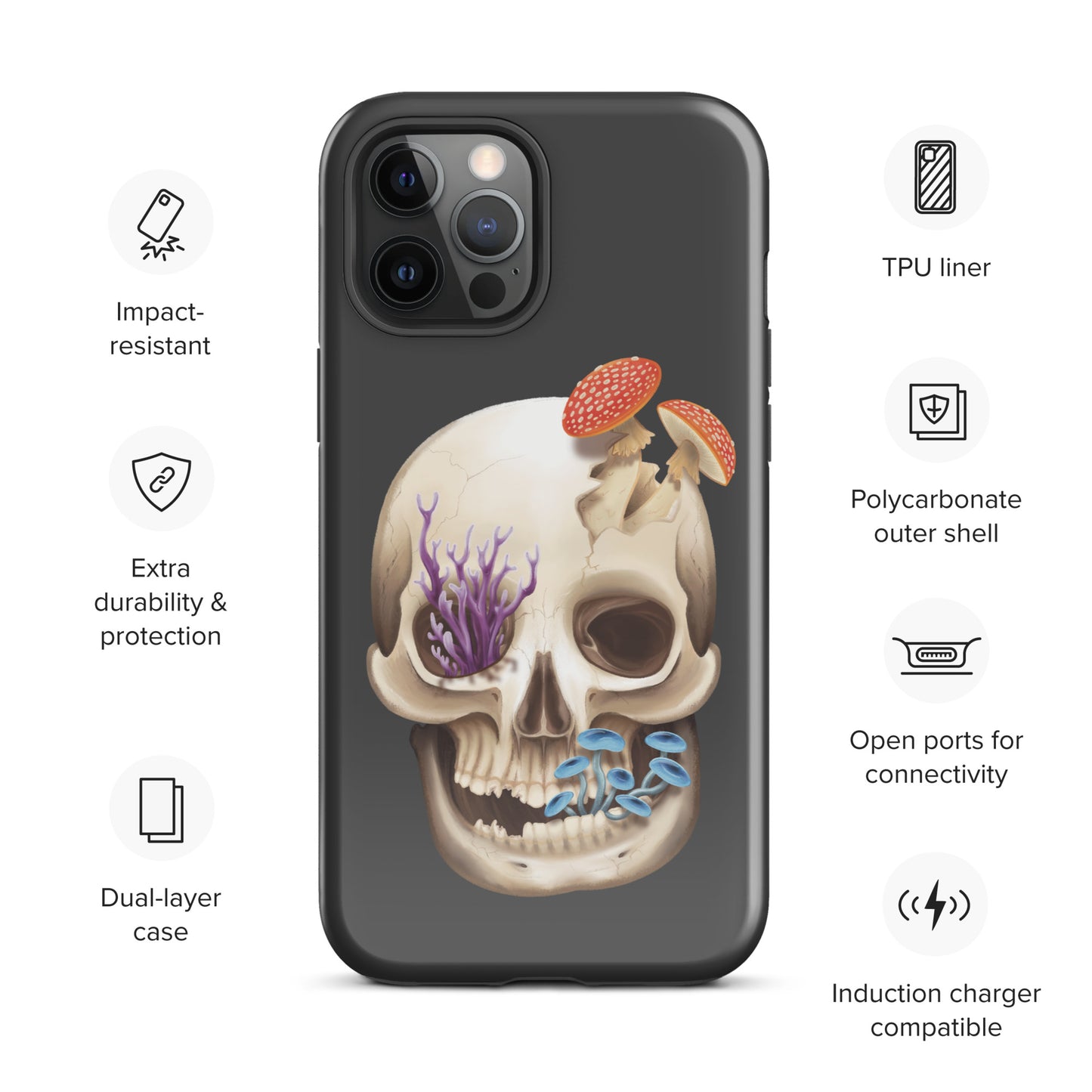 A dark grey tough phone case for an Apple iPhone 12 pro max with a glossy finish featuring a human skull with various fungi growing out of it