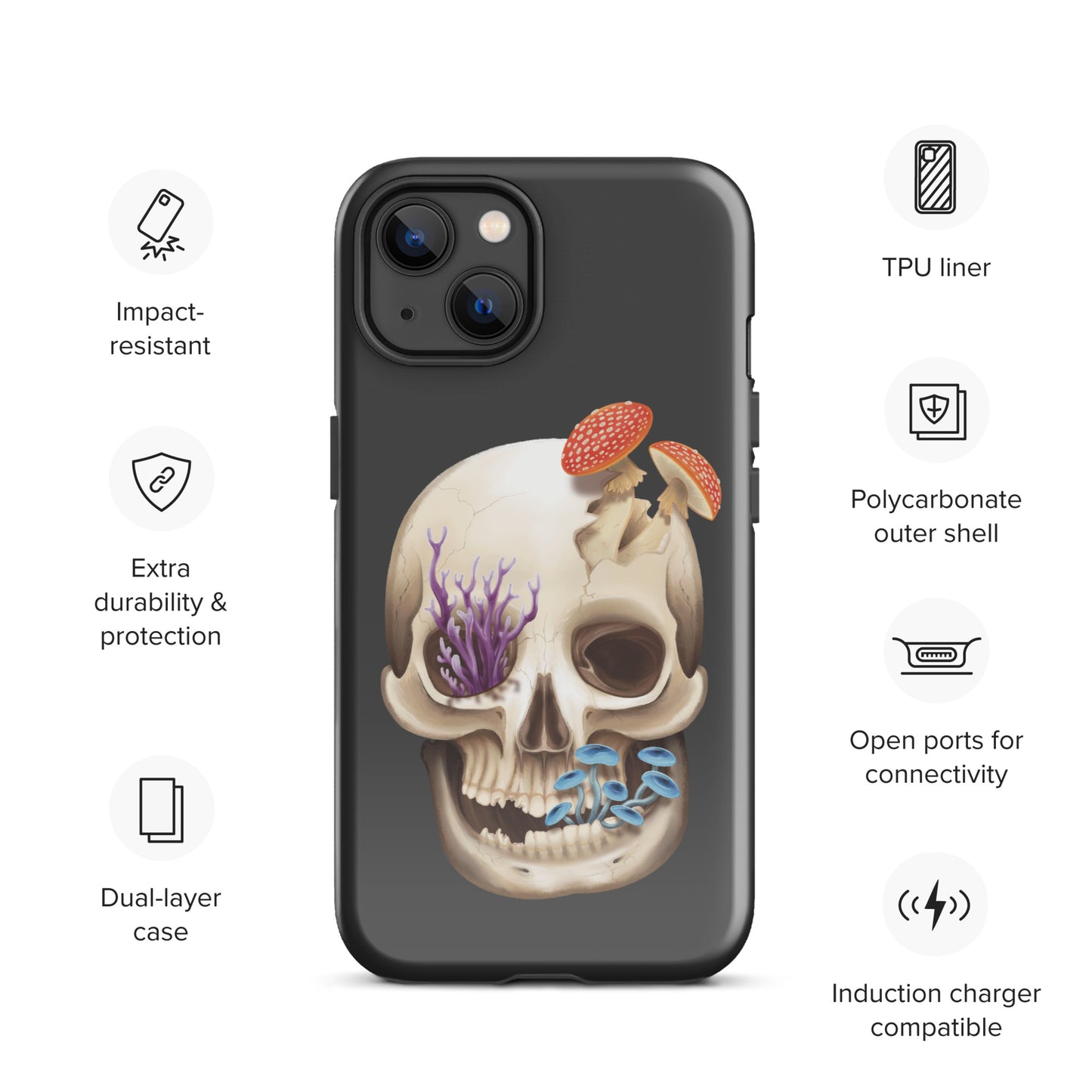 A dark grey tough phone case for an Apple iPhone 13 with a glossy finish featuring a human skull with various fungi growing out of it